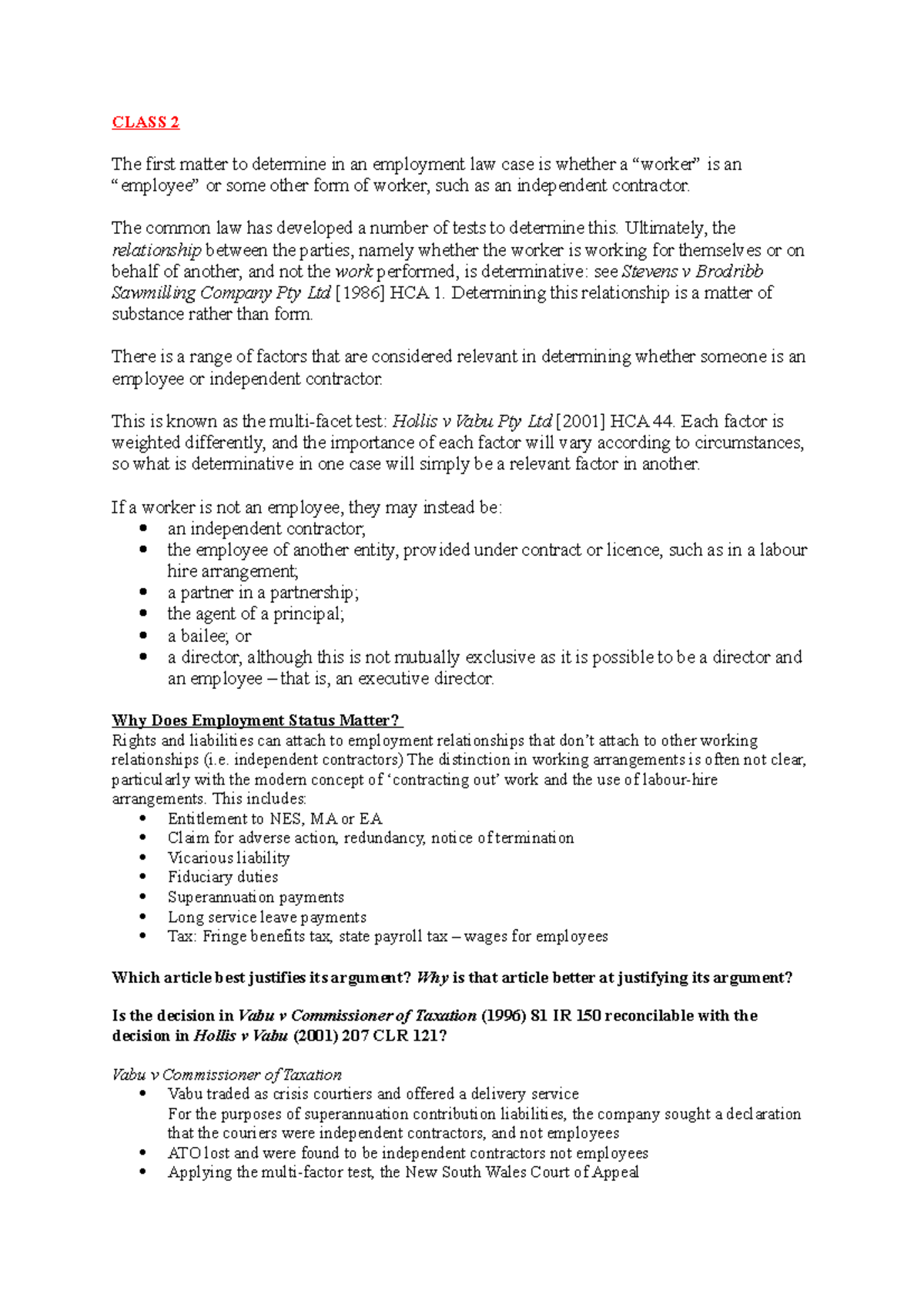 TUTE 2 Employment Law - 079031 - Studocu