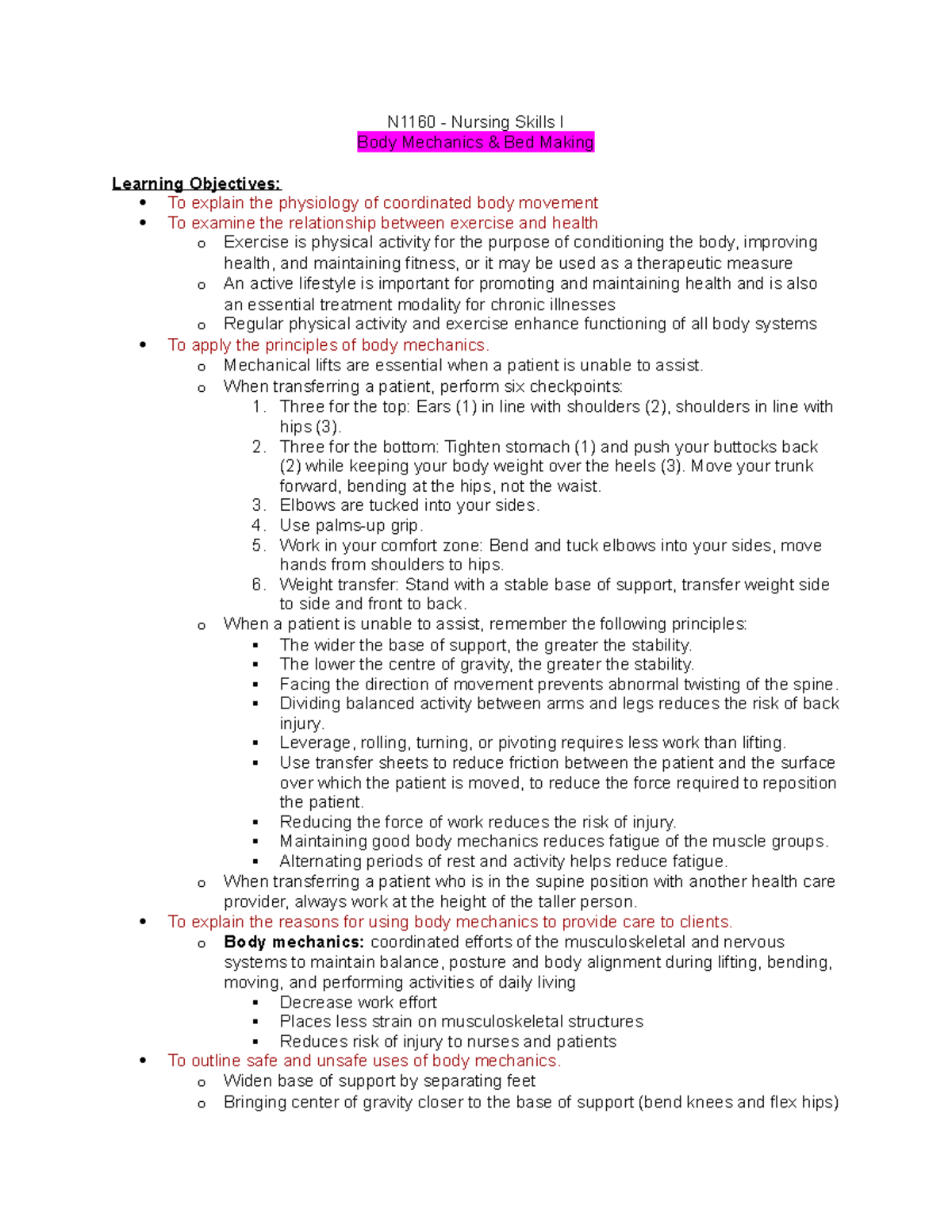 N1160Body Mechanics & Bed Making N1160 Nursing Skills I Body Mechanics & Bed Making Studocu