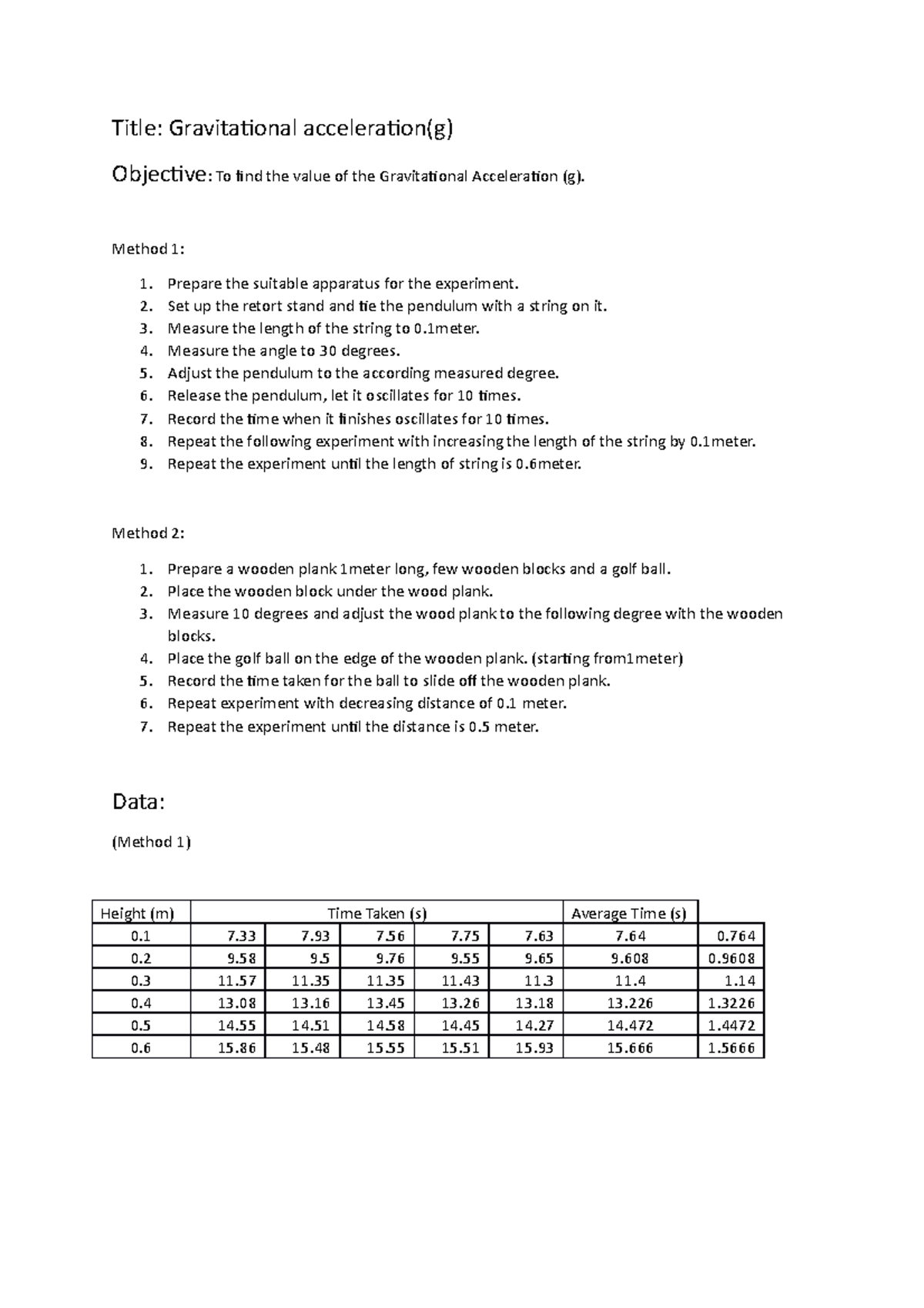 gravitational acceleration experiment report