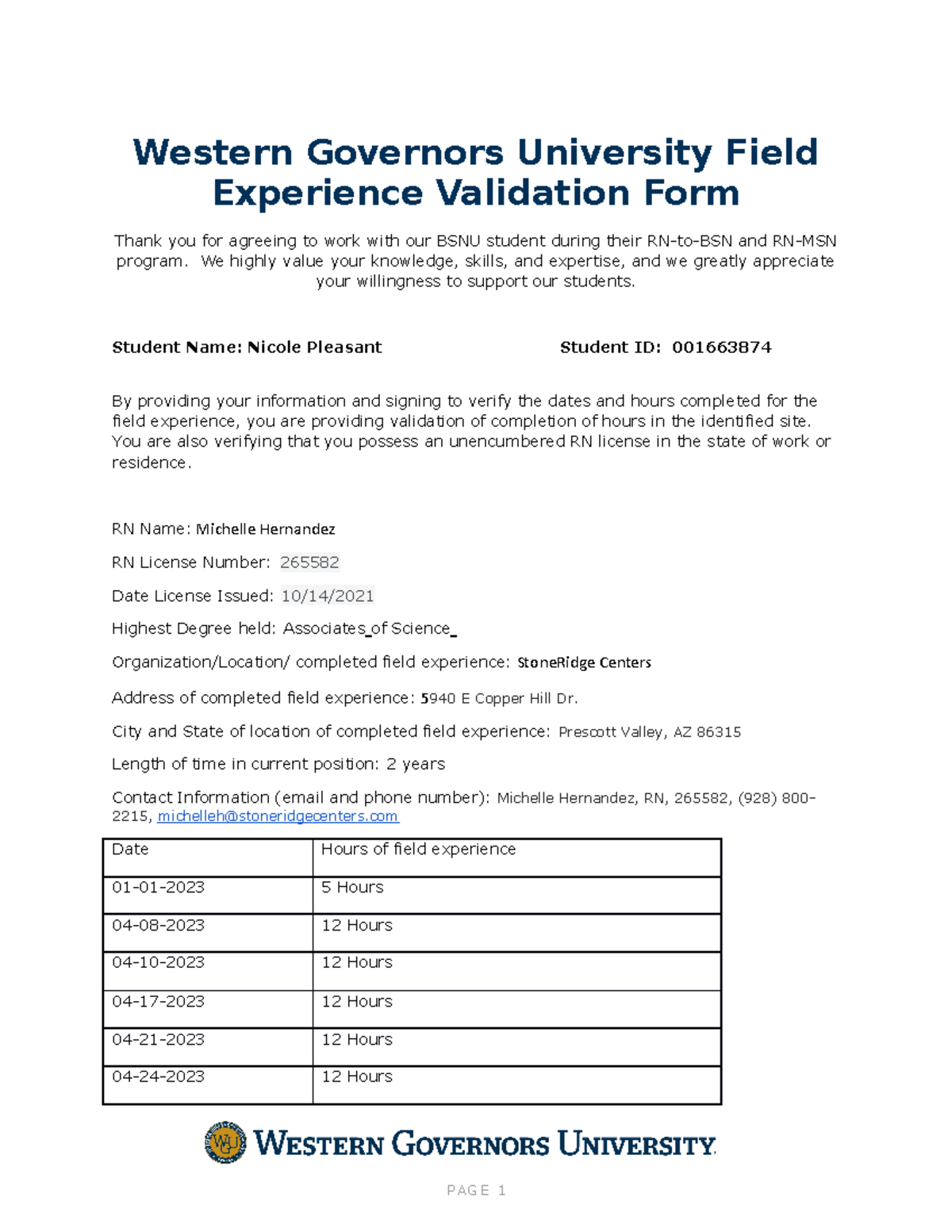Field Experience Validation Form Western Governors University Field