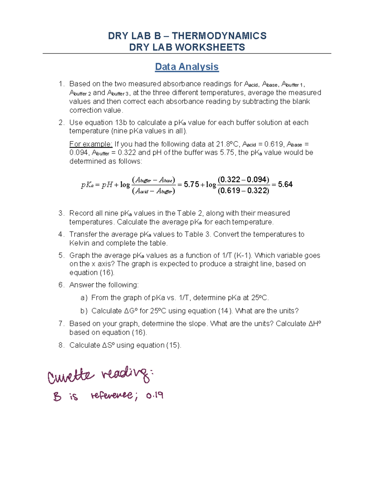 W23 CHEM1050 Dry Lab B Data Sheets - DRY LAB WORKSHEETS Data Analysis 1 ...