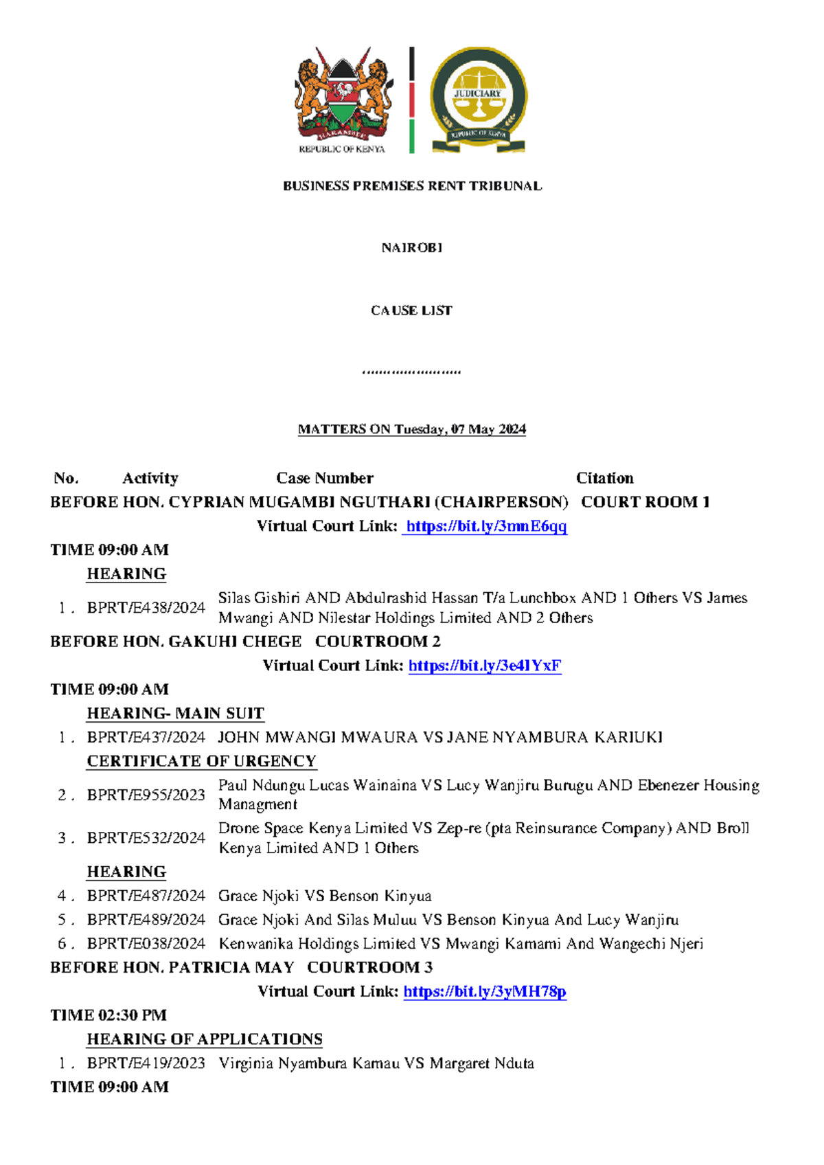 Business Premises Rent Tribunal-Nairobi-2024-05-07-2024-05-10Causelist ...