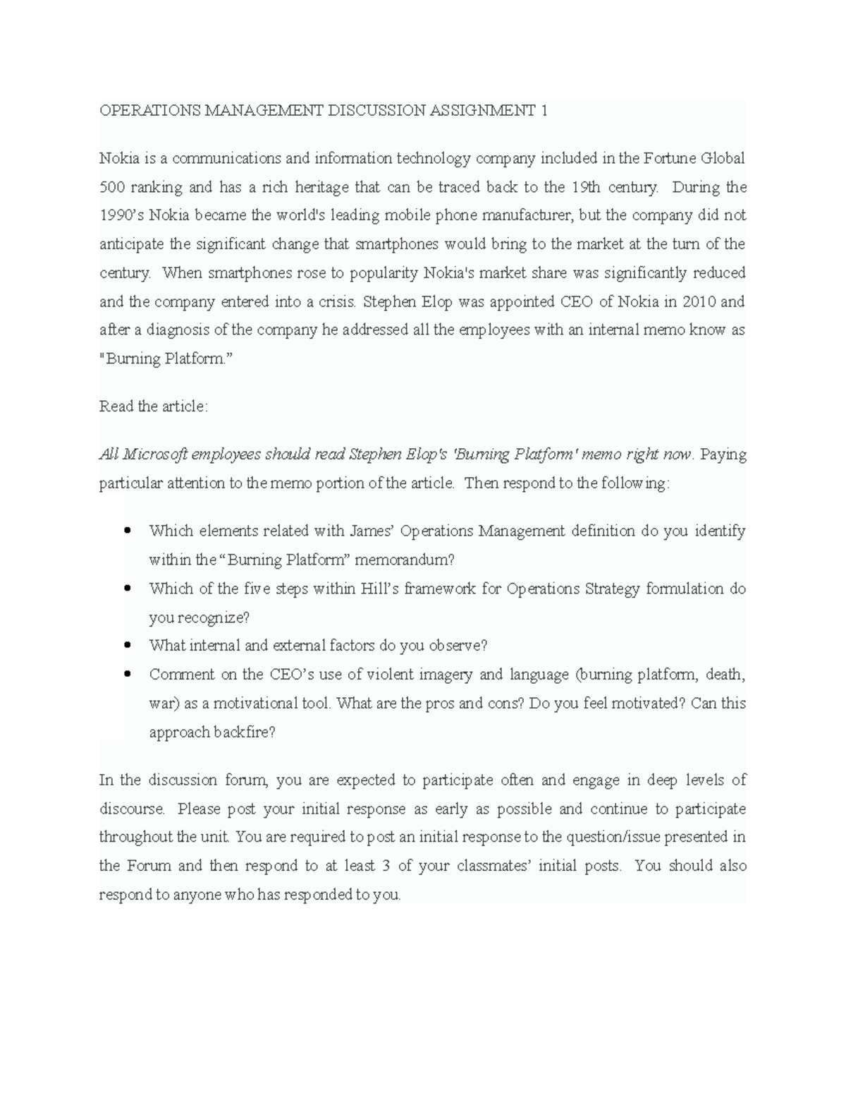 Operations Management Discussion Assignment 1 Operations Management