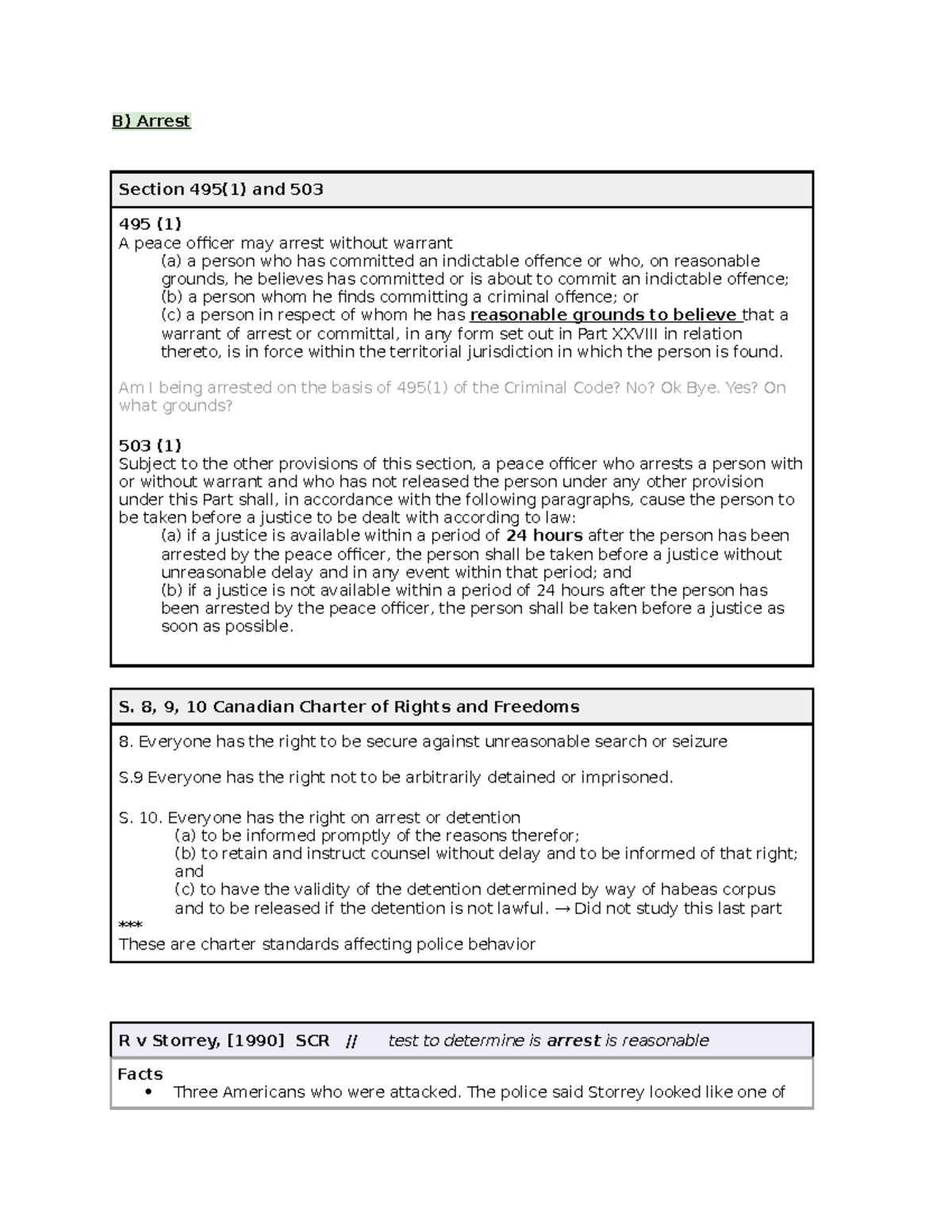 Notes 2 - B) Arrest Section 495(1) And 503 495 (1) A Peace Officer May ...