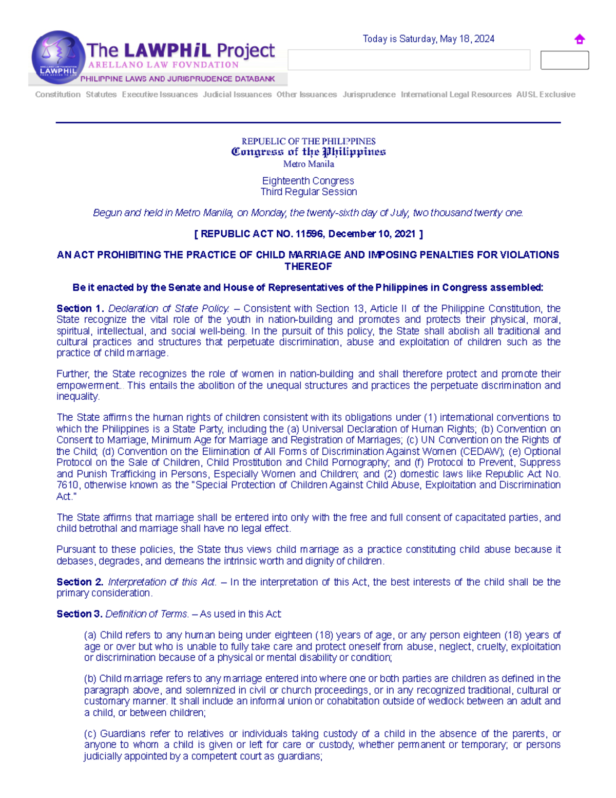 Republic Act No. 11596 - CrimLaw2 Special Penal Laws - Constitution ...