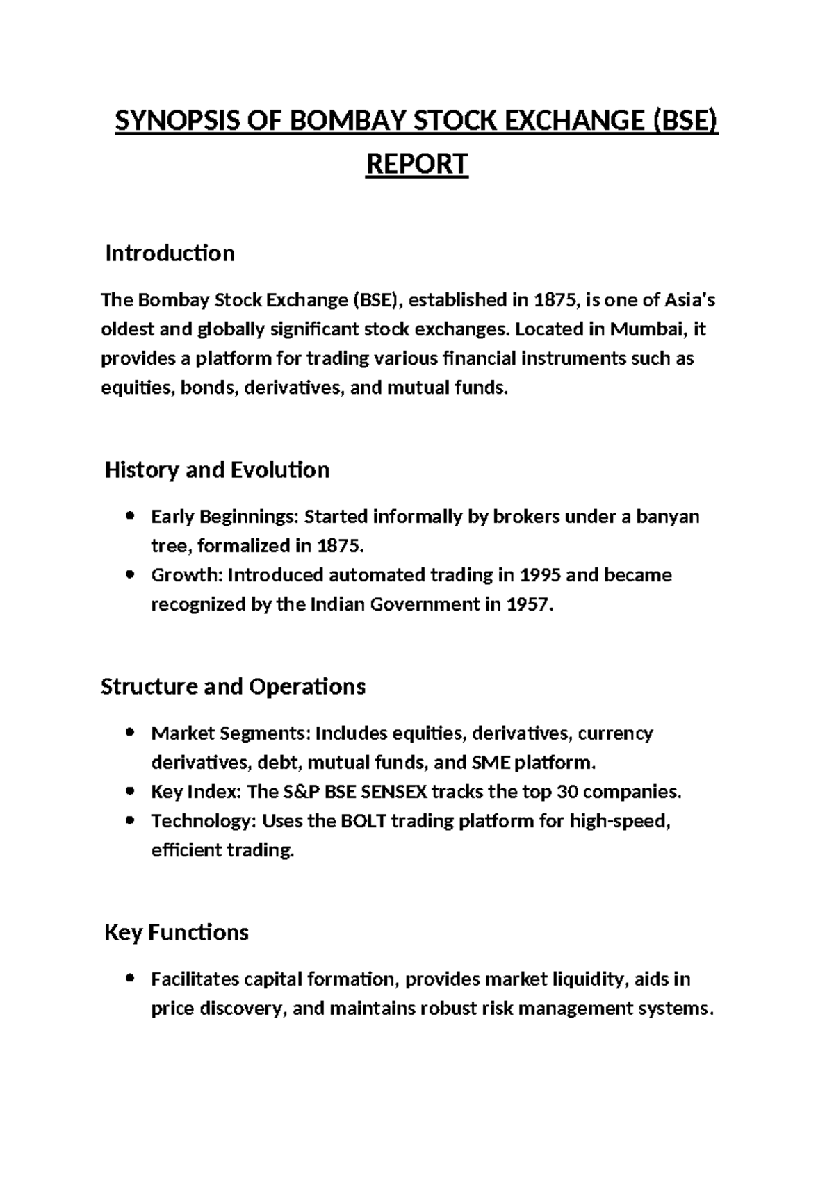 Synopsis OF Bombay Stock Exchange - SYNOPSIS OF BOMBAY STOCK EXCHANGE ...