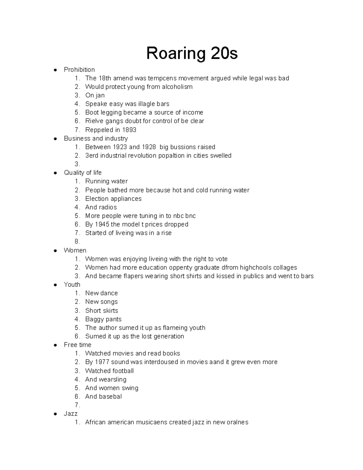 History 6 Test notes Roaring 20s Prohibition 1. The 18th amend was