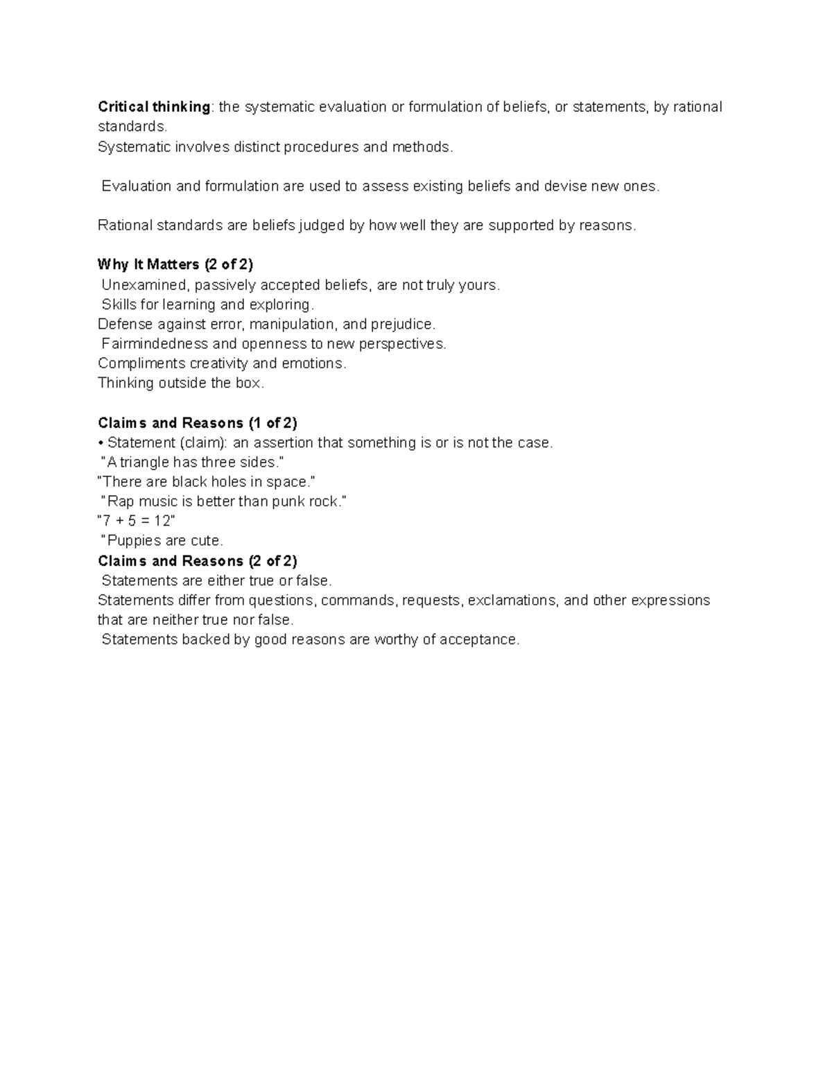Critical thinking notes - Critical thinking: the systematic evaluation ...