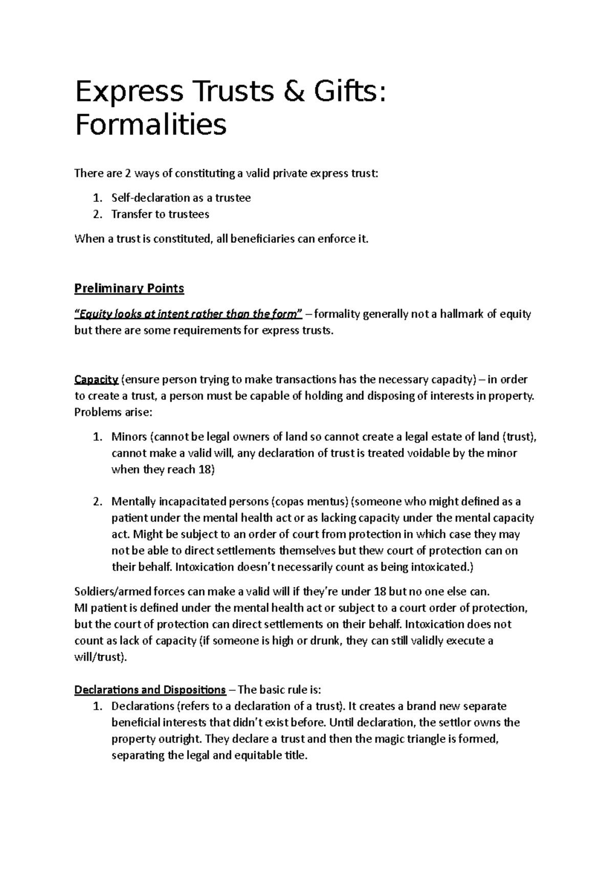 4. Formalities - Notes - Express Trusts & Gifts: Formalities There are ...