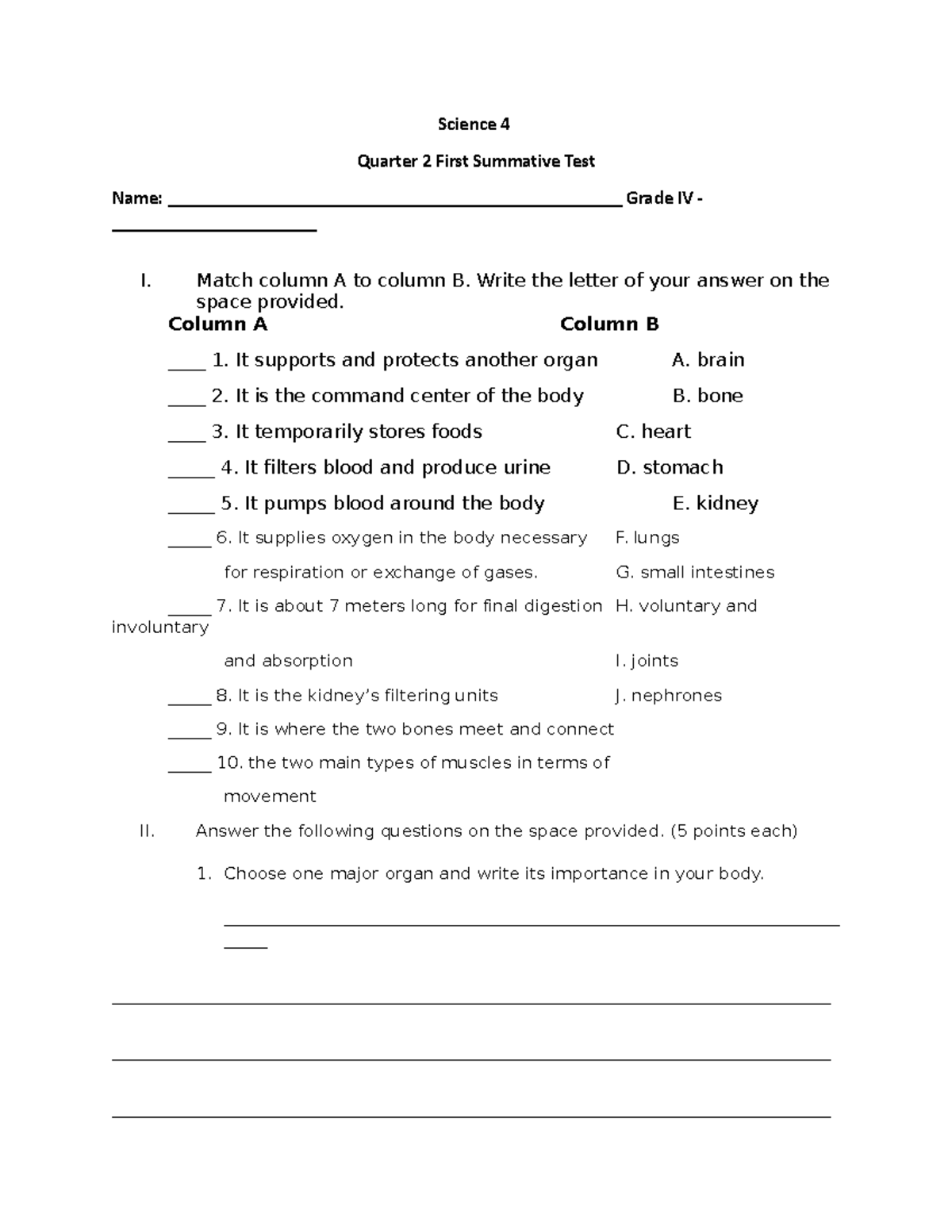 Science Four Bonga - Science 4 Quarter 2 First Summative Test Name 