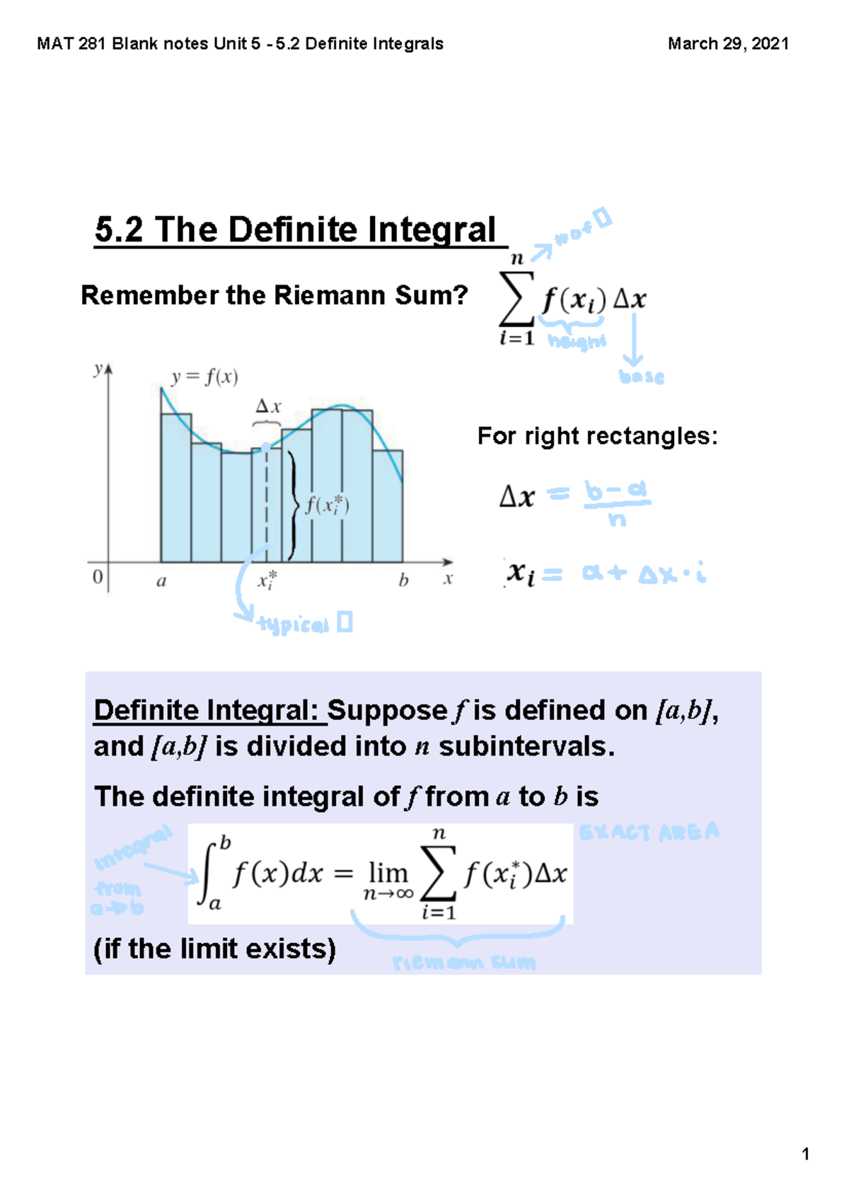 5.2 Definite Integrals - MAT 281 Blank Notes Unit 5 ­ 5 Definite ...