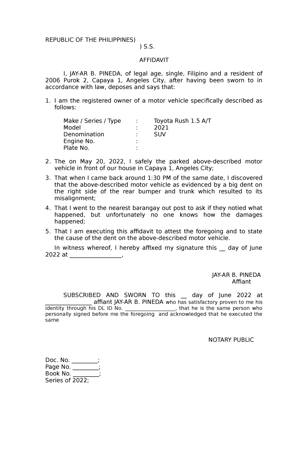 Affidavit Of Accident Jay Ar Pineda Republic Of The Philippines S Affidavit I Jay Ar B 7532