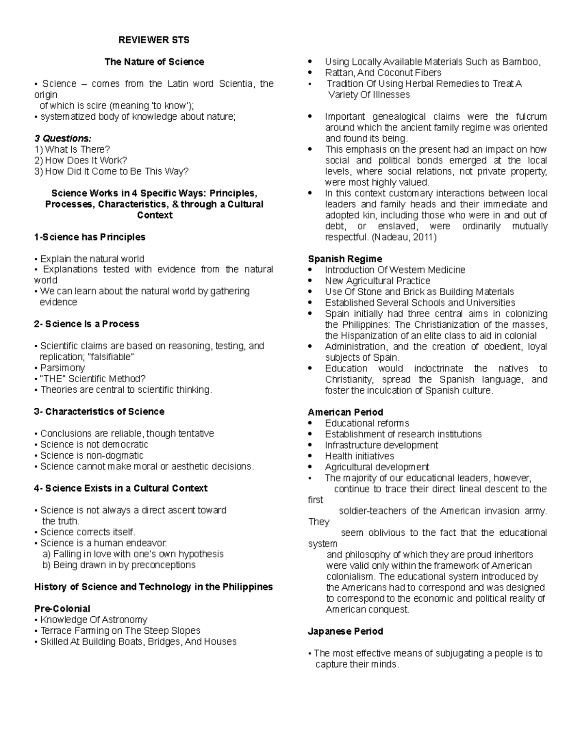 STS- Reviewer - REVIEWER STS The Nature of Science Science – comes from ...