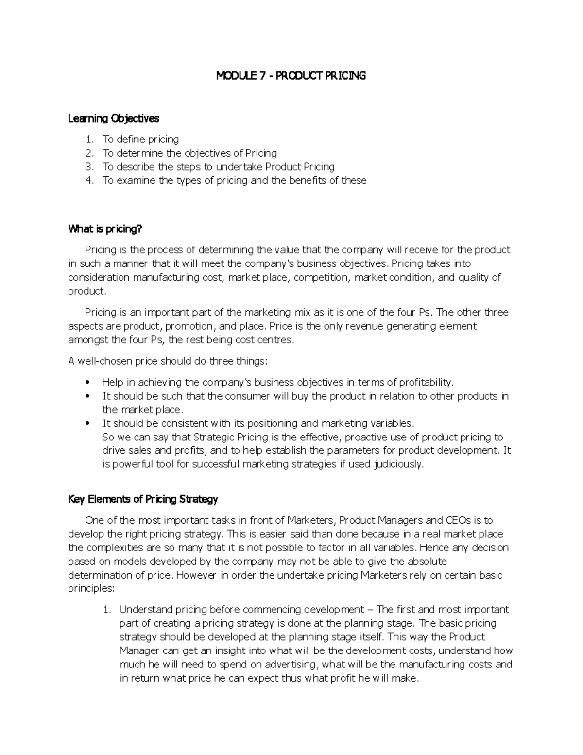 Module 7 -Product Pricing - MODULE 7 - PRODUCT PRICING Learning ...