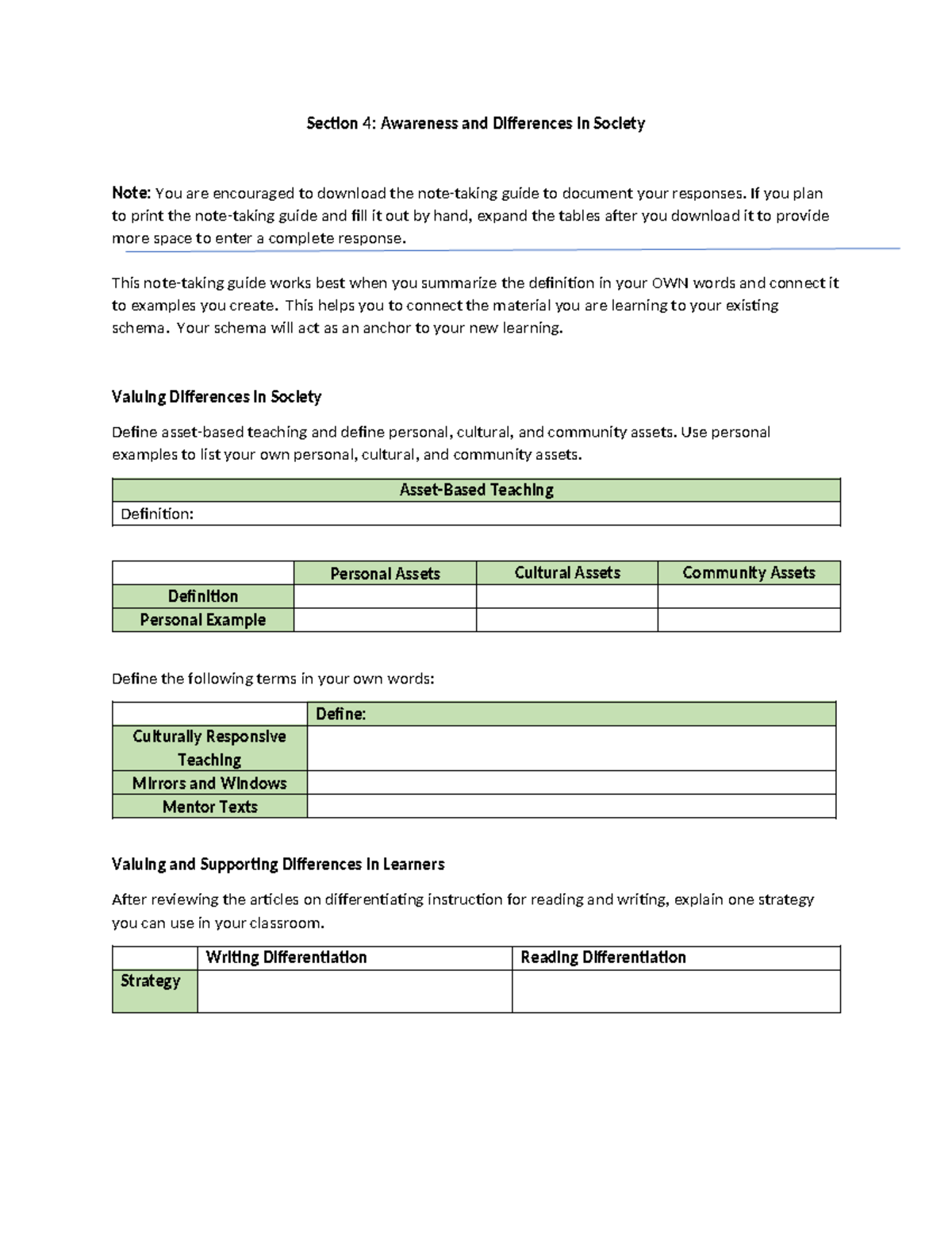 Unit 4 Study Guide - Section 4: Awareness and Differences in Society ...