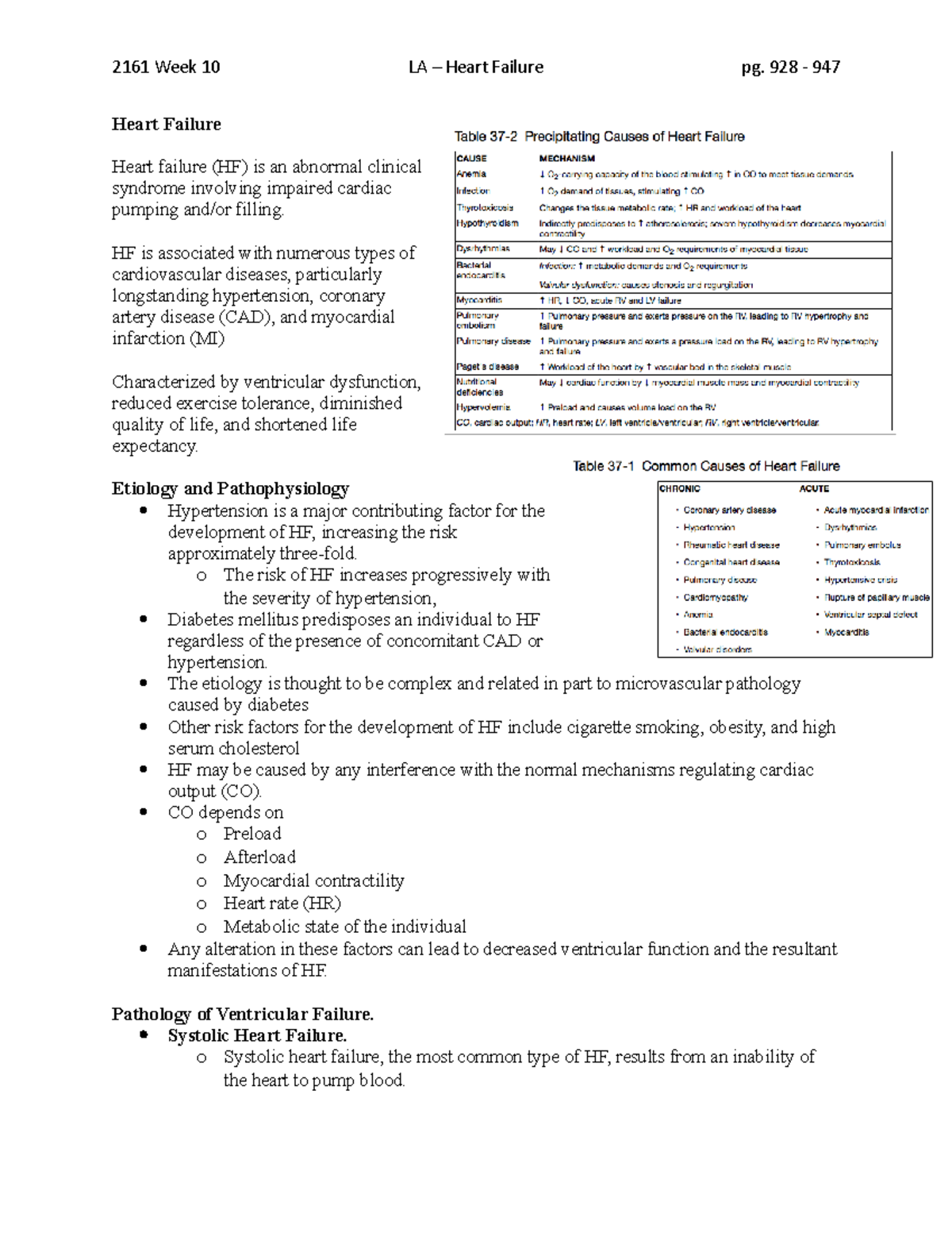 2161 Week 10 - Heart Failure Med Surg - Heart Failure Heart failure (HF ...