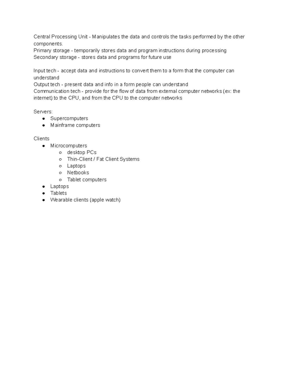 Exam 1 Tech Notes - Central Processing Unit - Manipulates the data and ...