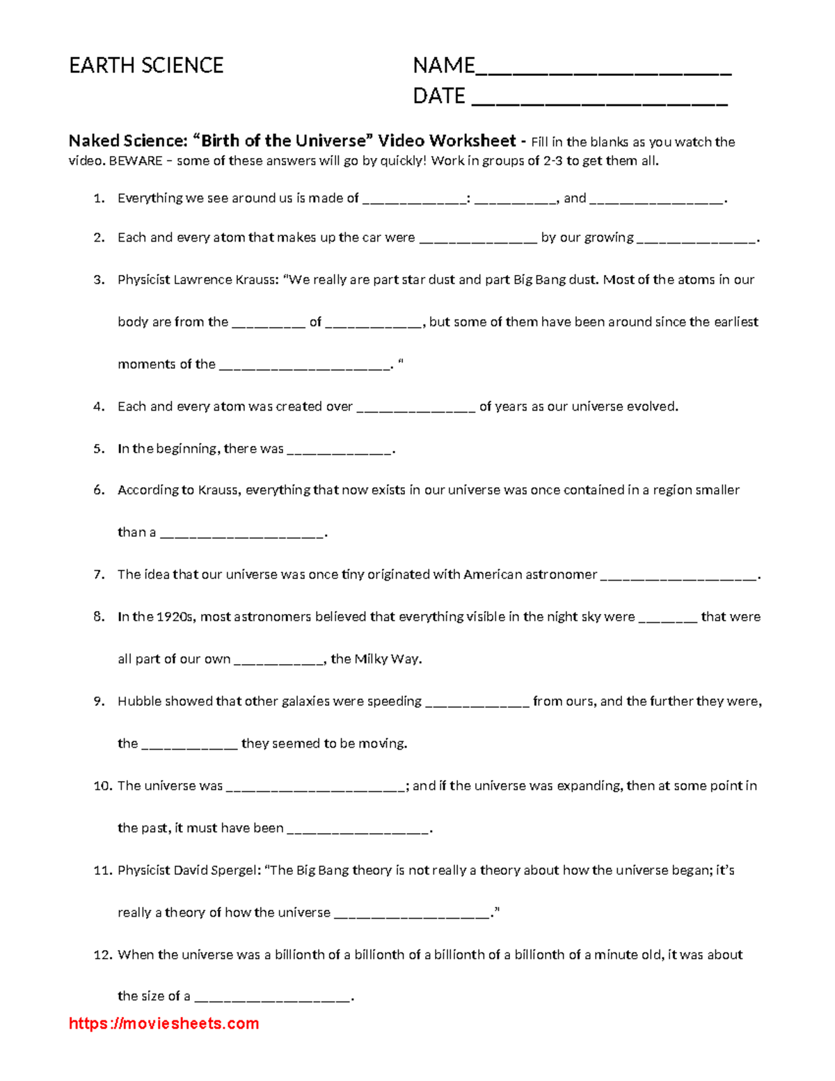 Birth of the Universe video worksheet EARTH SCIENCE NAME_____________________ DATE Studocu