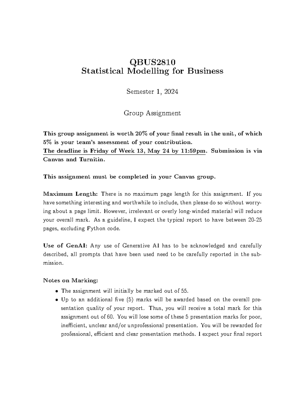 Group Assignment - QBUS Statistical Modelling for Business Semester 1 ...