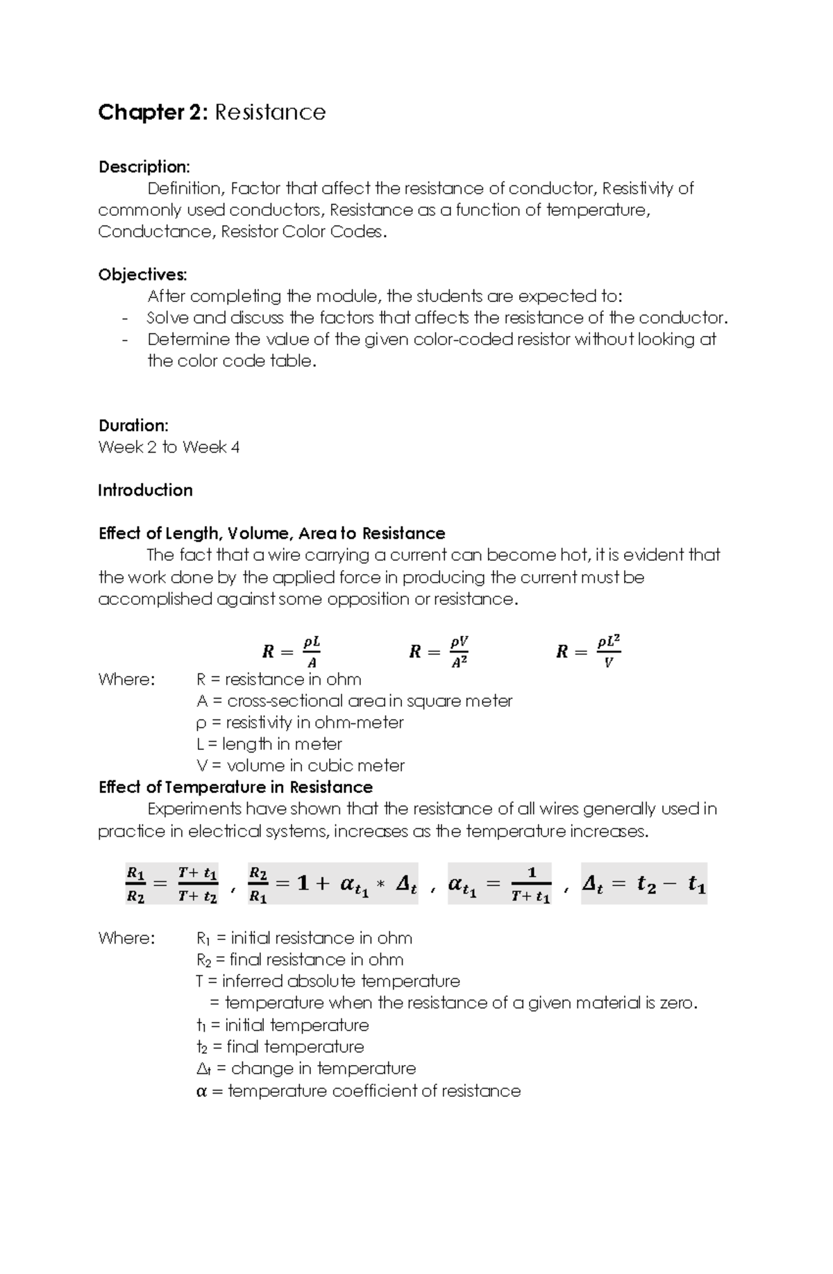 Chapter 2: Resistance - Electrical Engineering - DHVSU - Studocu