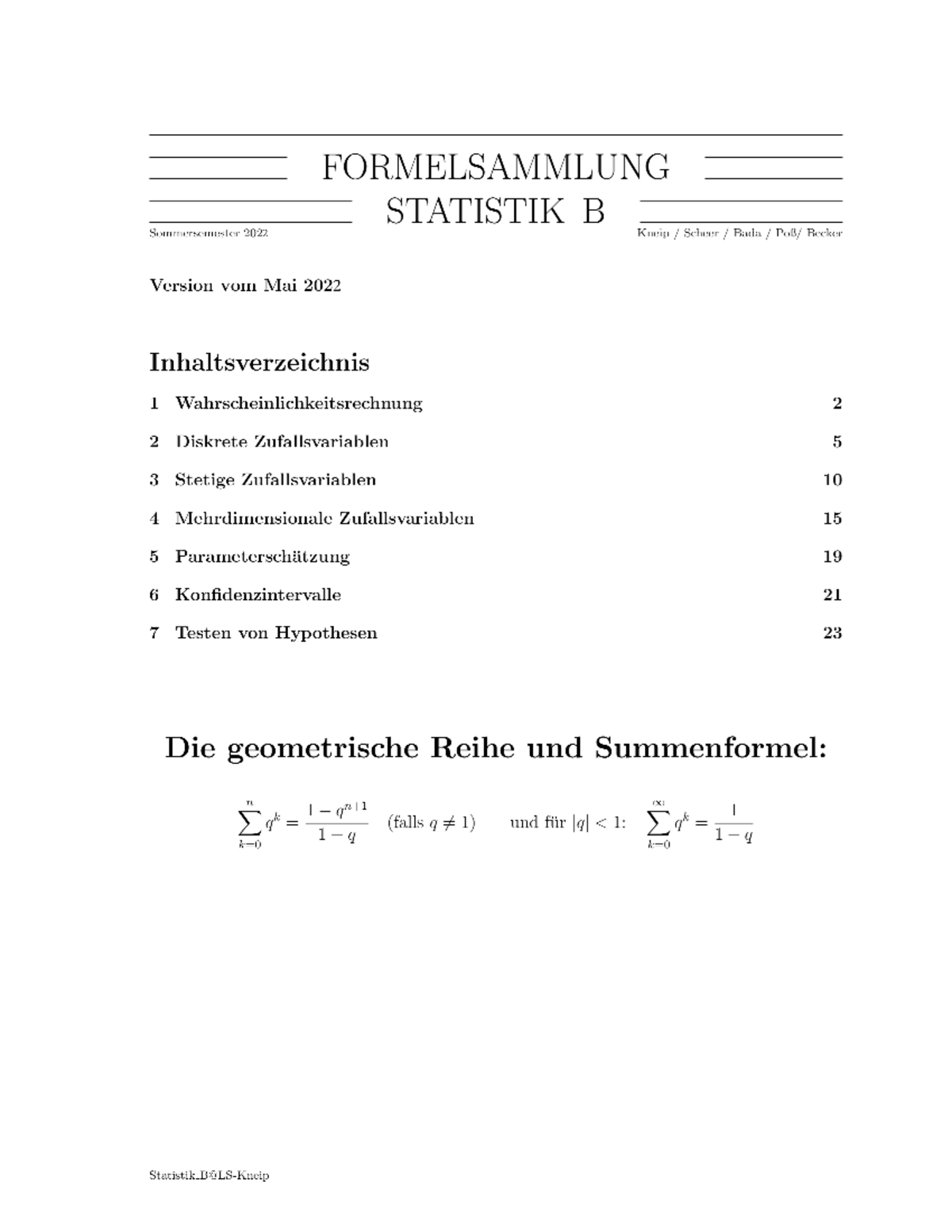 Stat B-Formelsammlung - Grundzüge Der Statistik B - Studocu