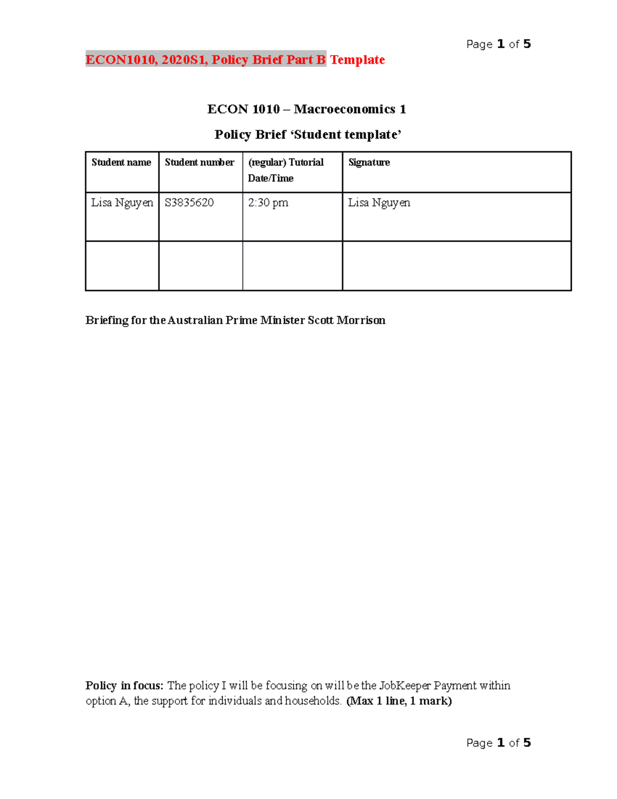Policy Brief - Part B - ECON1010, 2020S1, Policy Brief Part B Template ...