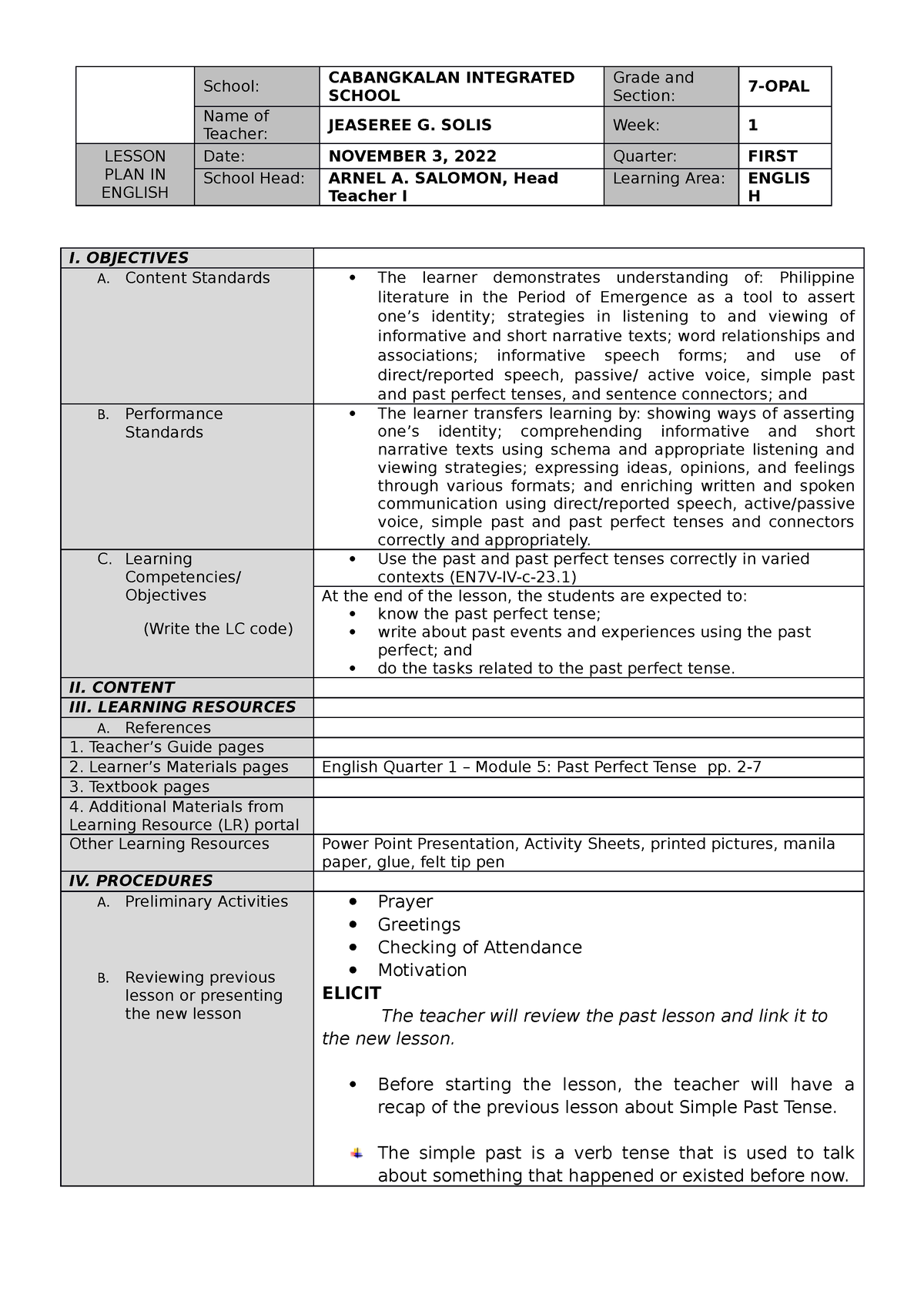 Past Tense And Past Perfect Tense Lesson Plan