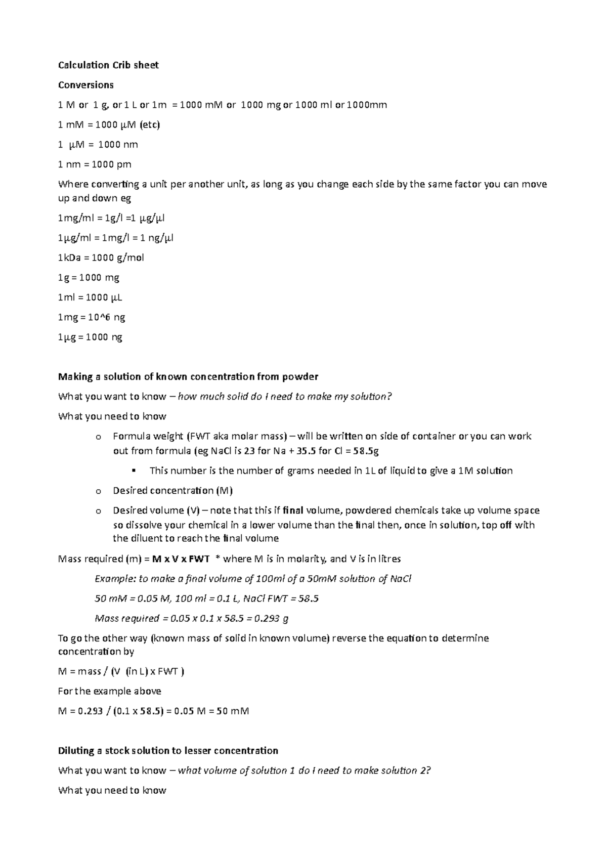 Calculation-crib-sheet - Calculation Crib sheet Conversions 1 M or 1 g ...