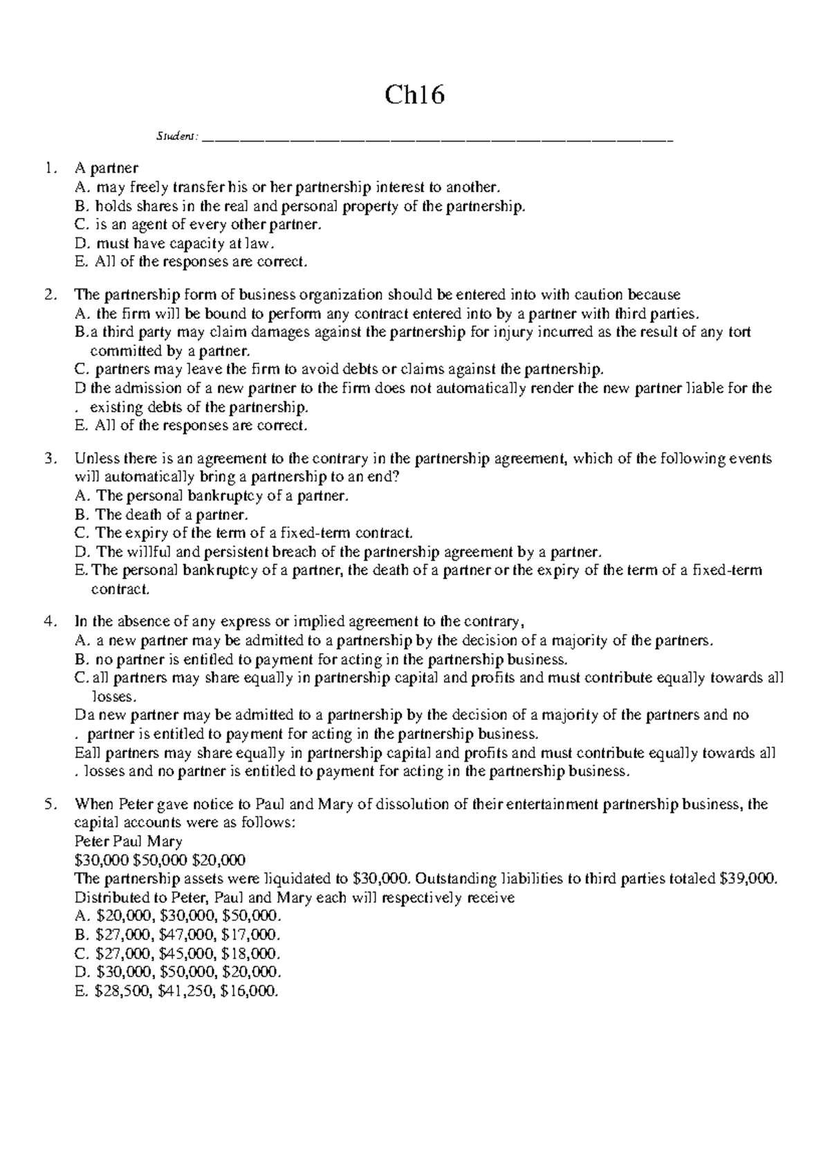 Exam 18 Questions And Answers Ch16 Student 1 A Partner A May Freely Transfer His Or Her Studocu