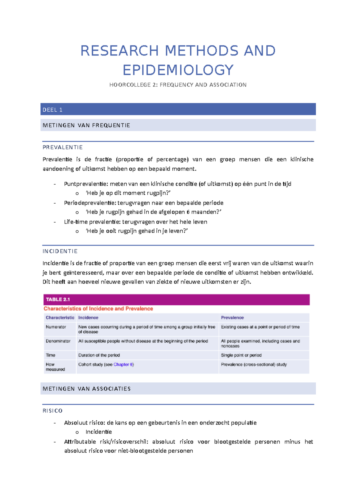 Research Methods And Epidemiology Hoorcollege 2 Aantekeningen