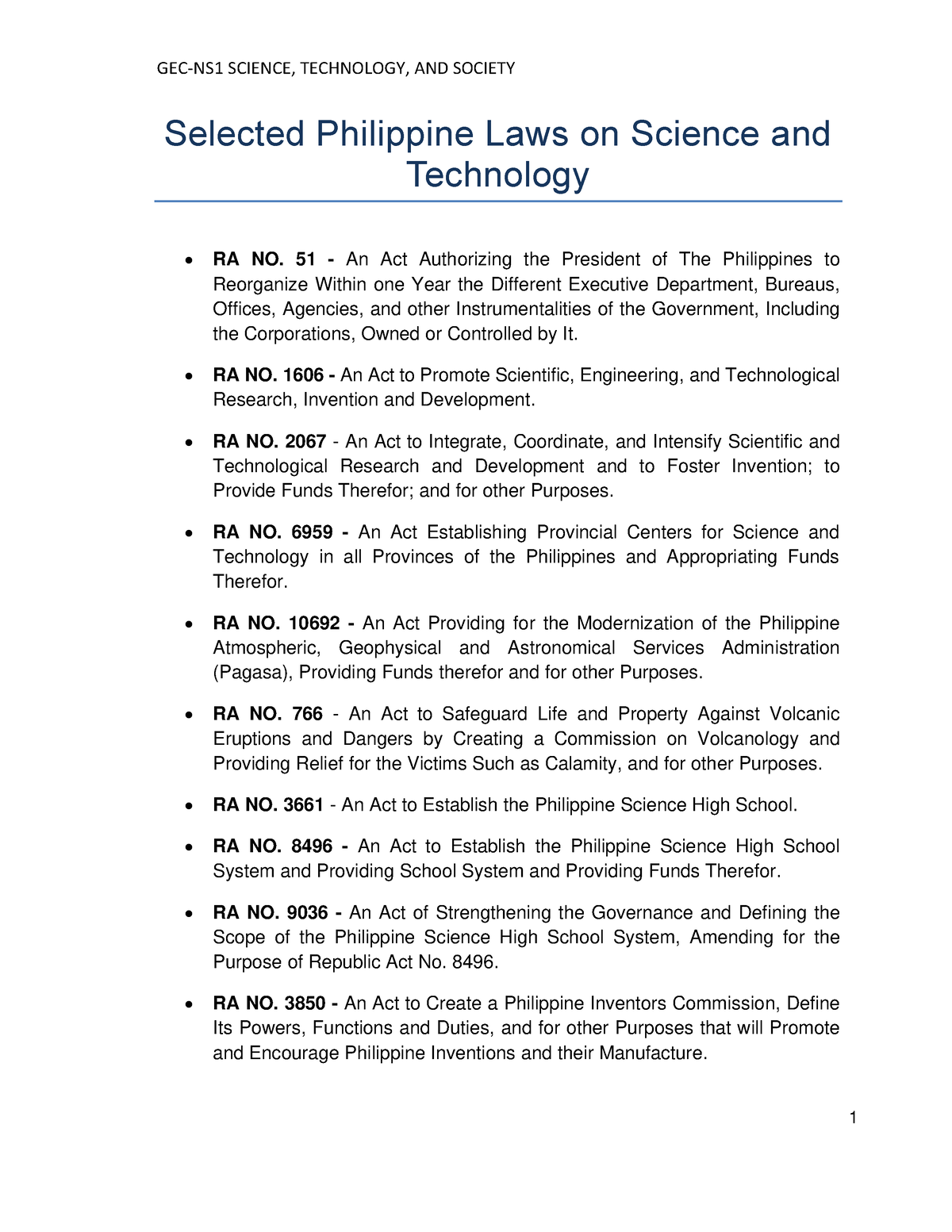 Philippine LAWS ON Science AND Technology 6517af8a86f94550 ...