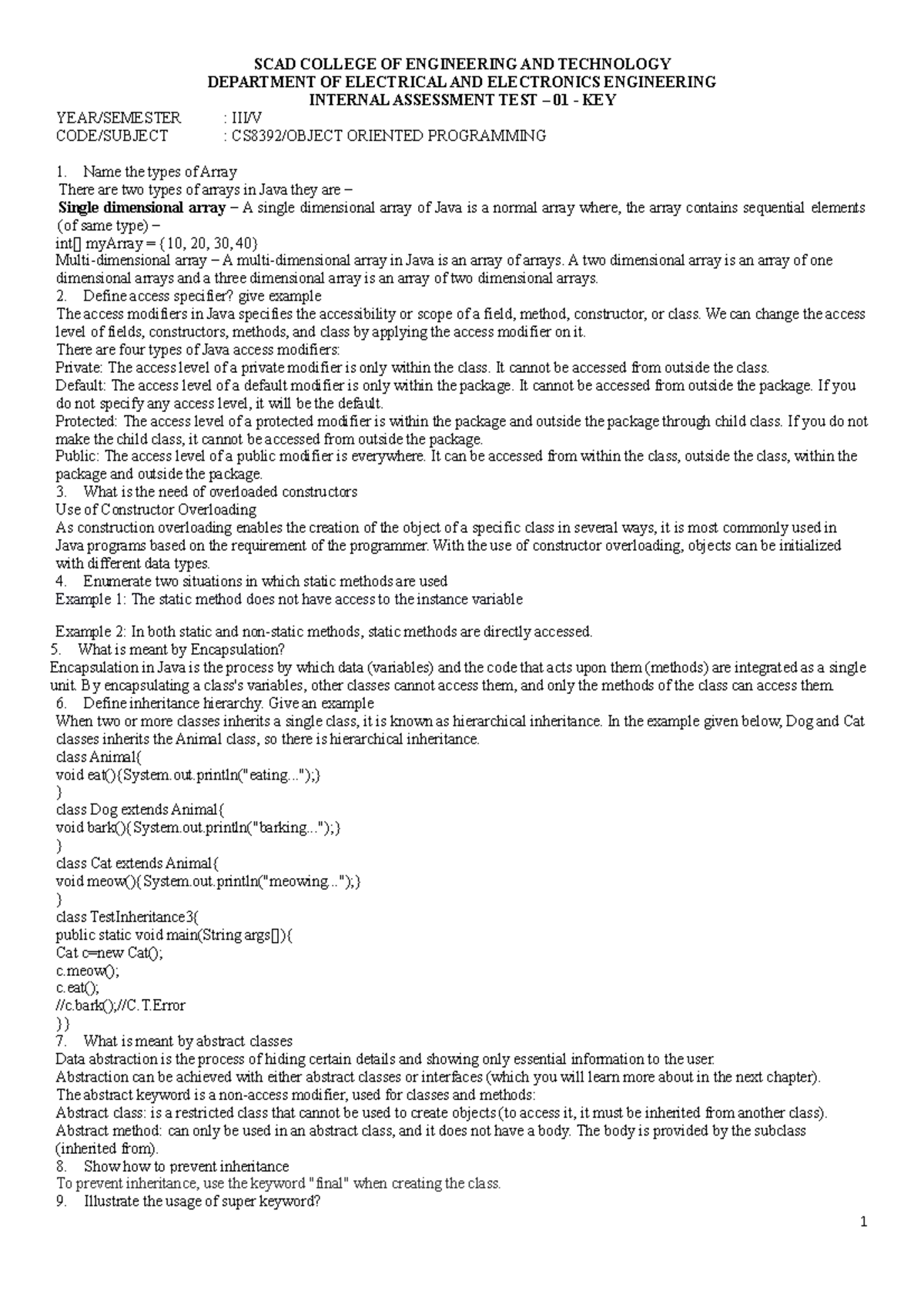 CS8392-OOPS IAT1 QP2 KEY - SCAD COLLEGE OF ENGINEERING AND TECHNOLOGY ...