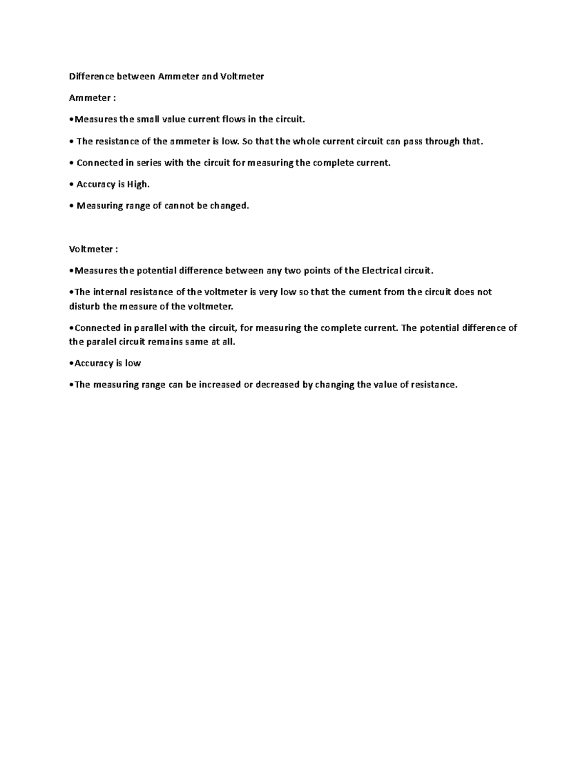 Ammeter AND Voltmeter Notes distinction Difference between Ammeter