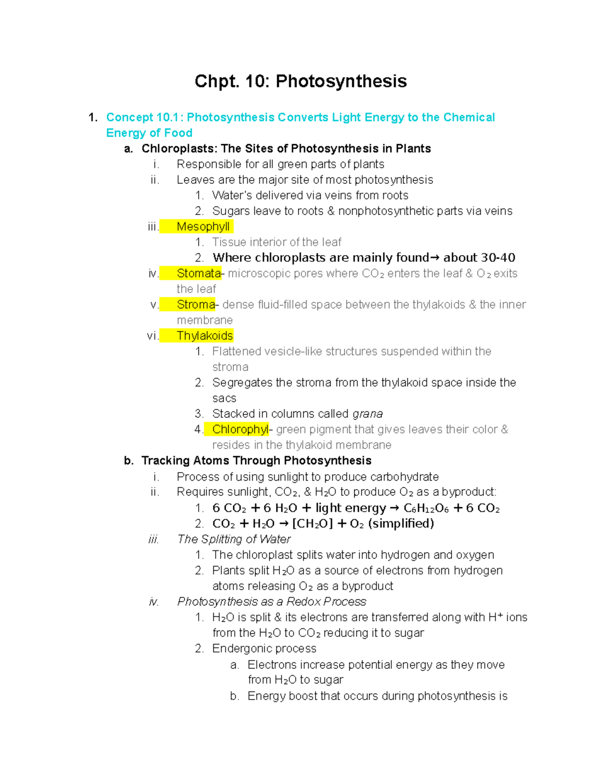 BIO 116 Notes-8 - chapter notes - Chpt. 10: Photosynthesis 1. Concept ...