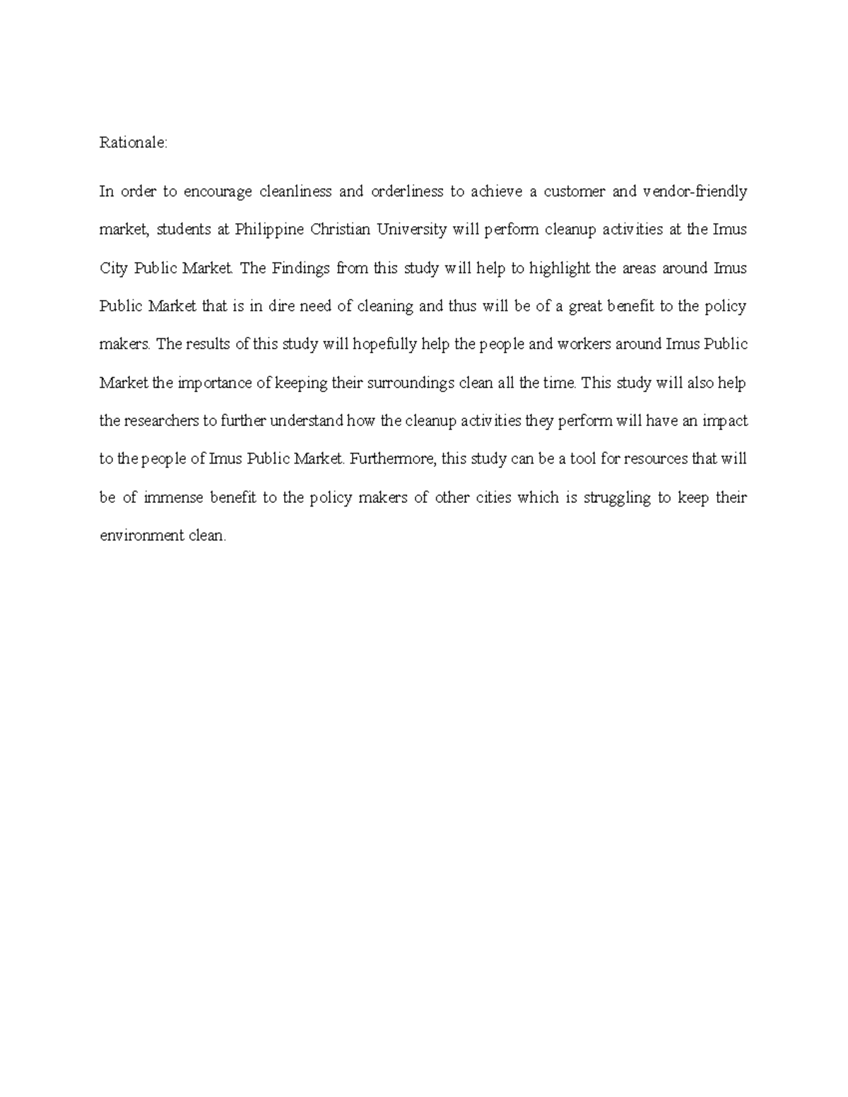 NSTP- Rationale-BSA1A - Rationale: In order to encourage cleanliness ...