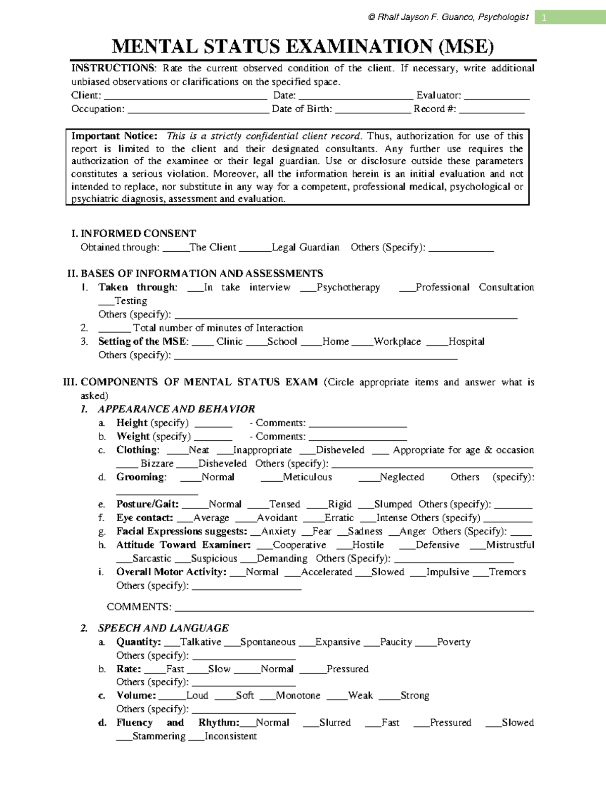 Mental Status EXAM Sheet MENTAL STATUS EXAMINATION (MSE) INSTRUCTIONS