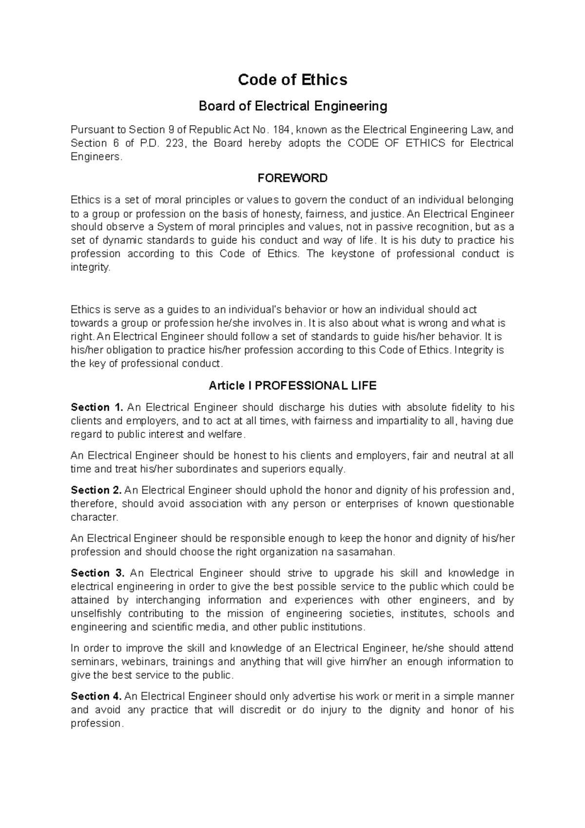 Code Of Ethics - Code Of Ethics Board Of Electrical Engineering ...