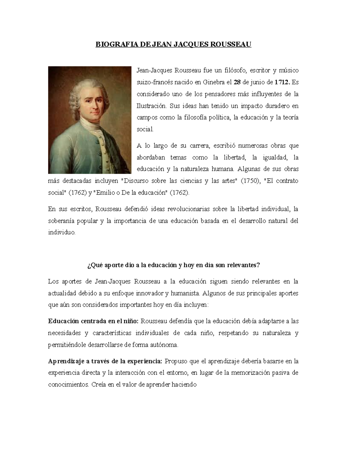 Ingles JEAN Jacques Rousseau - BIOGRAFIA DE JEAN JACQUES ROUSSEAU Jean ...