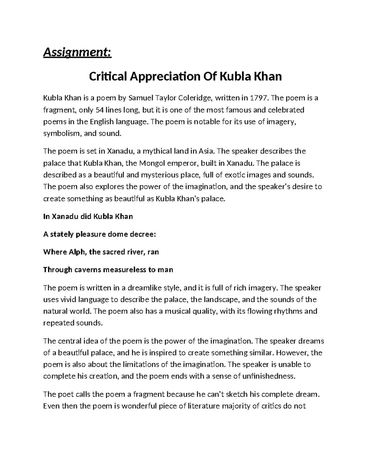Kubla khan- Analysis and themes - Assignment: Critical Appreciation Of ...