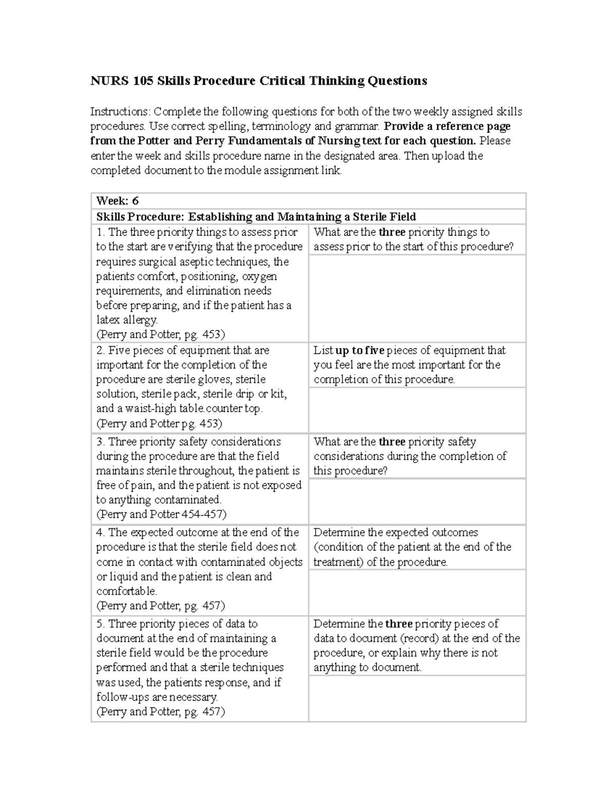NURS 105 Skills Procedures Week 6 Critical Thinking - Use correct ...