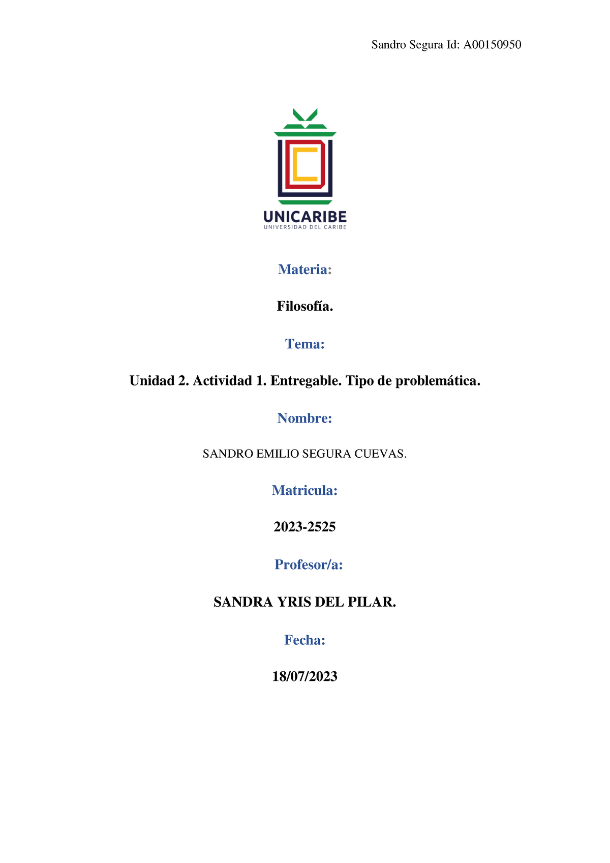 Unidad 2 Actividad 1 Entregable Tipo De Problemática Sandro Segura Id A Materia 6764