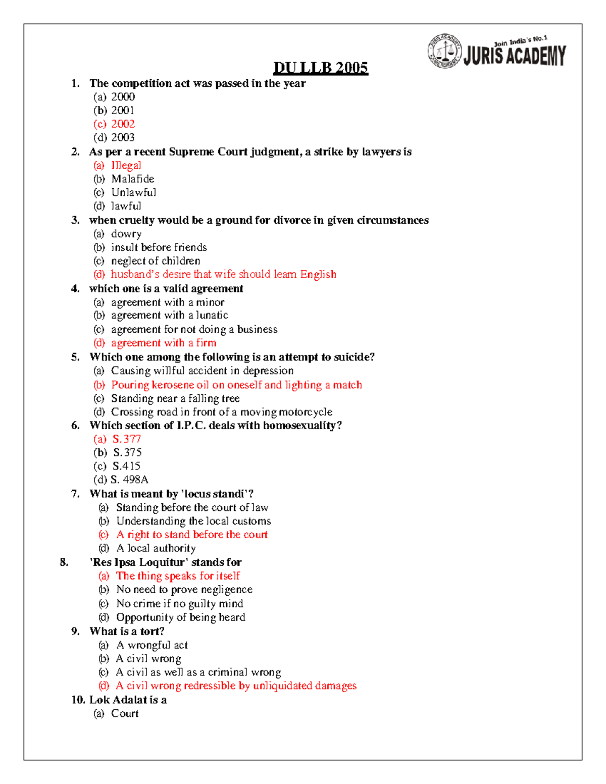 Dullb2005questionpaper DU LLB 2005 1. The competition act was