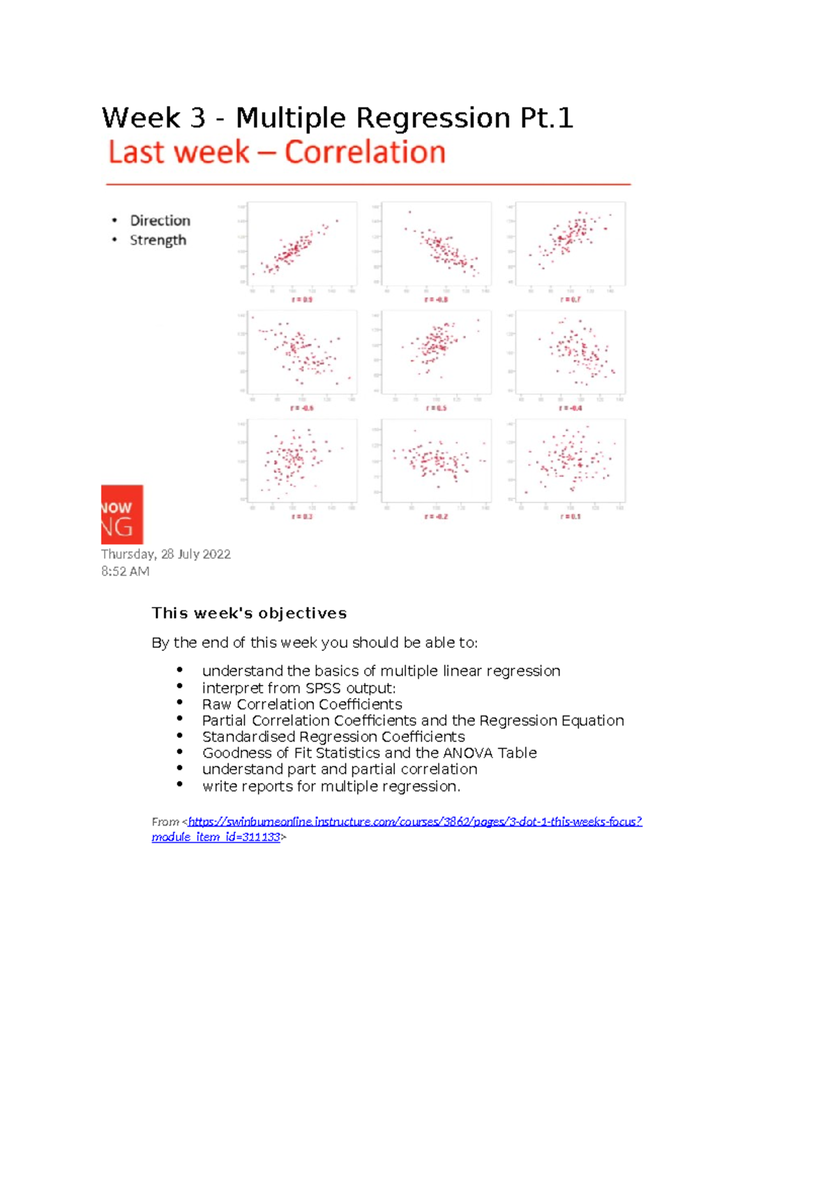 Week 3 - Multiple Regression Pt - Thursday, 28 July 2022 8:52 AM This ...