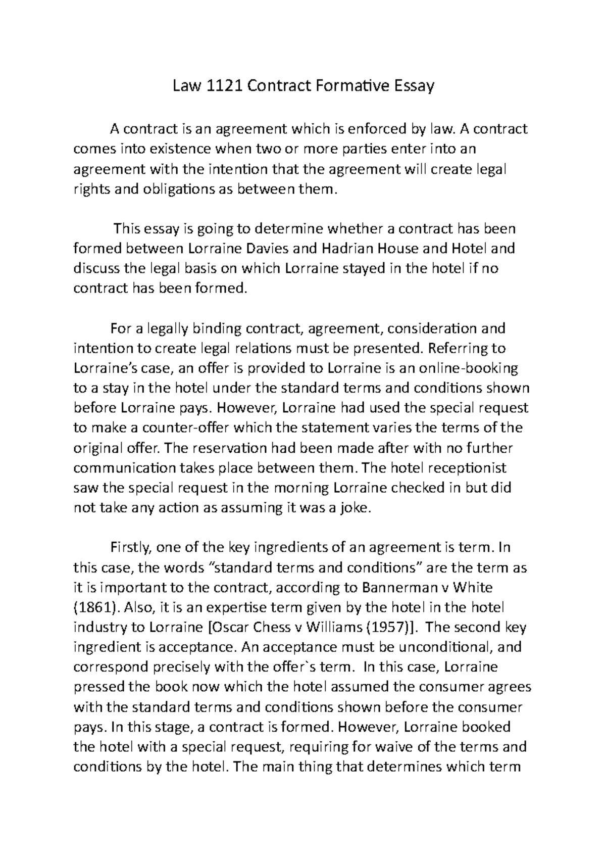 Law 1121 Contract Formative Essay - A contract comes into existence ...