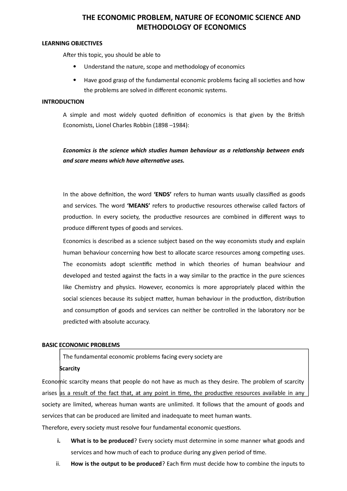 the-economic-problem-nature-of-economic-science-and-methodology-the