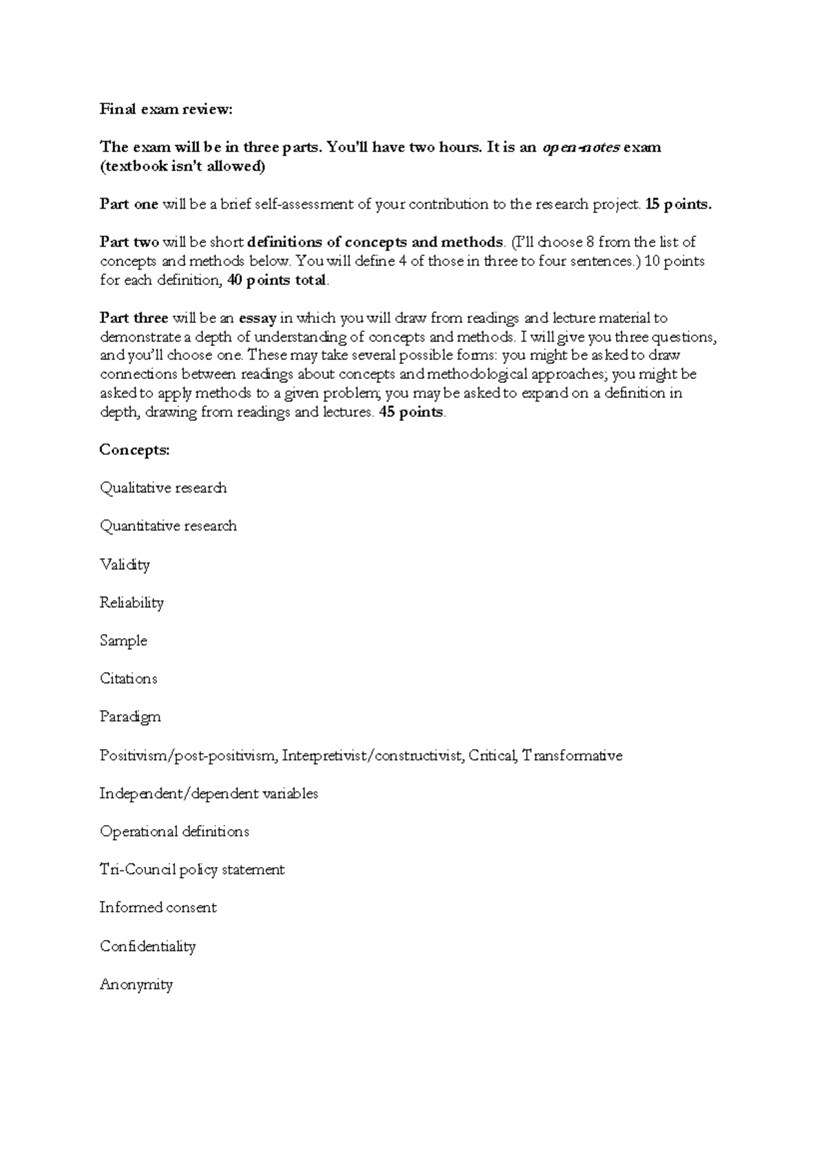 2025 Final exam review - Final exam review: The exam will be in three ...