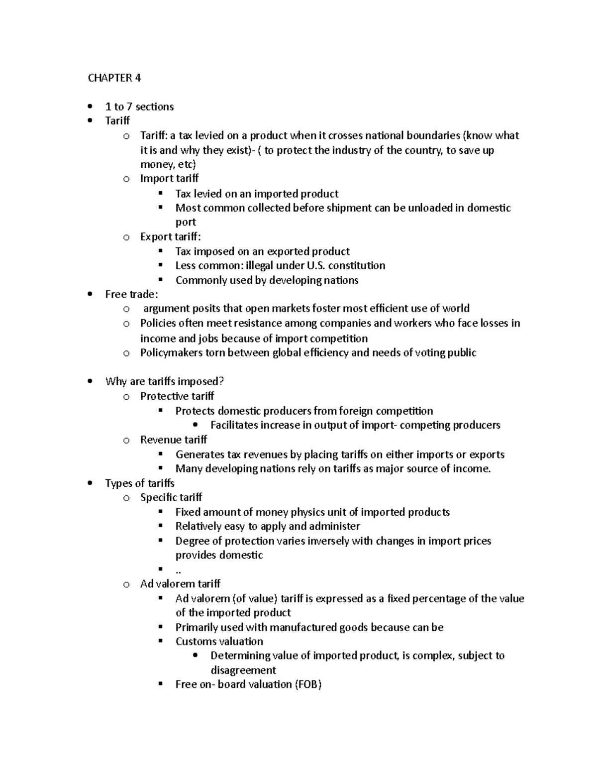 ECO CH 4 - Chapter 4 notes - CHAPTER 4 1 to 7 sections Tariff o Tariff ...