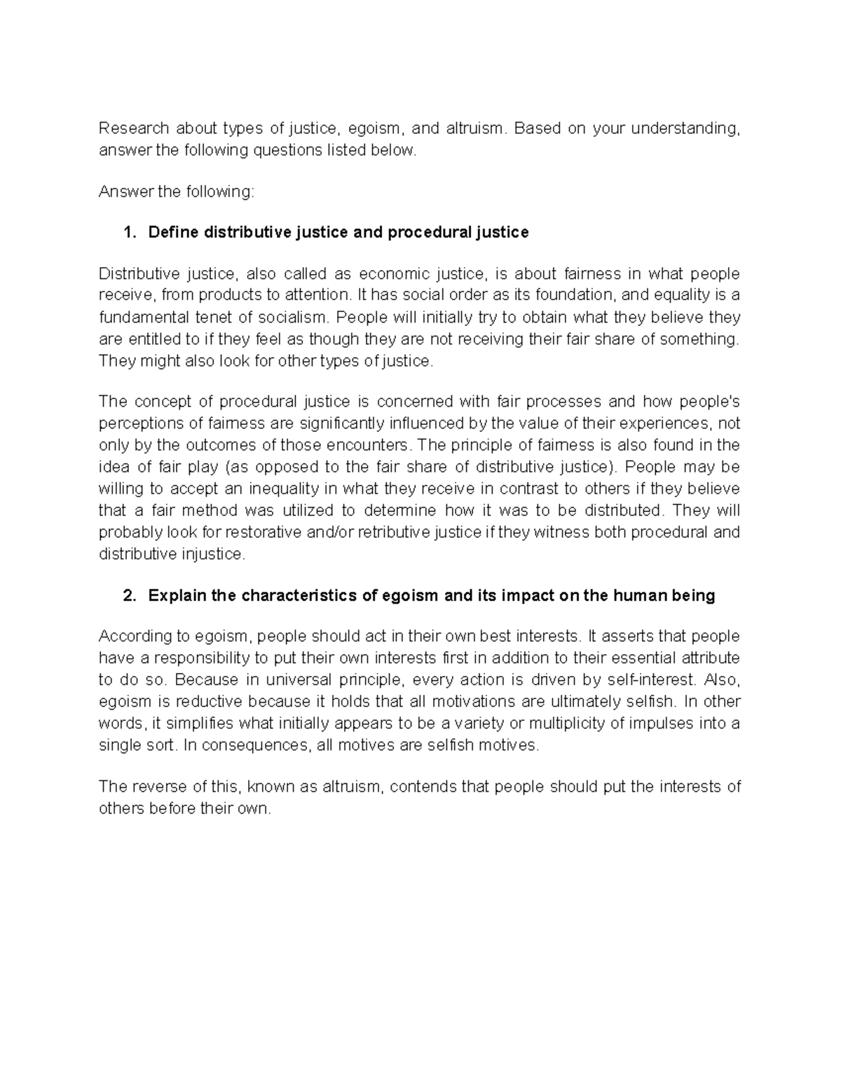 Ethics Course Project - Research about types of justice, egoism, and ...