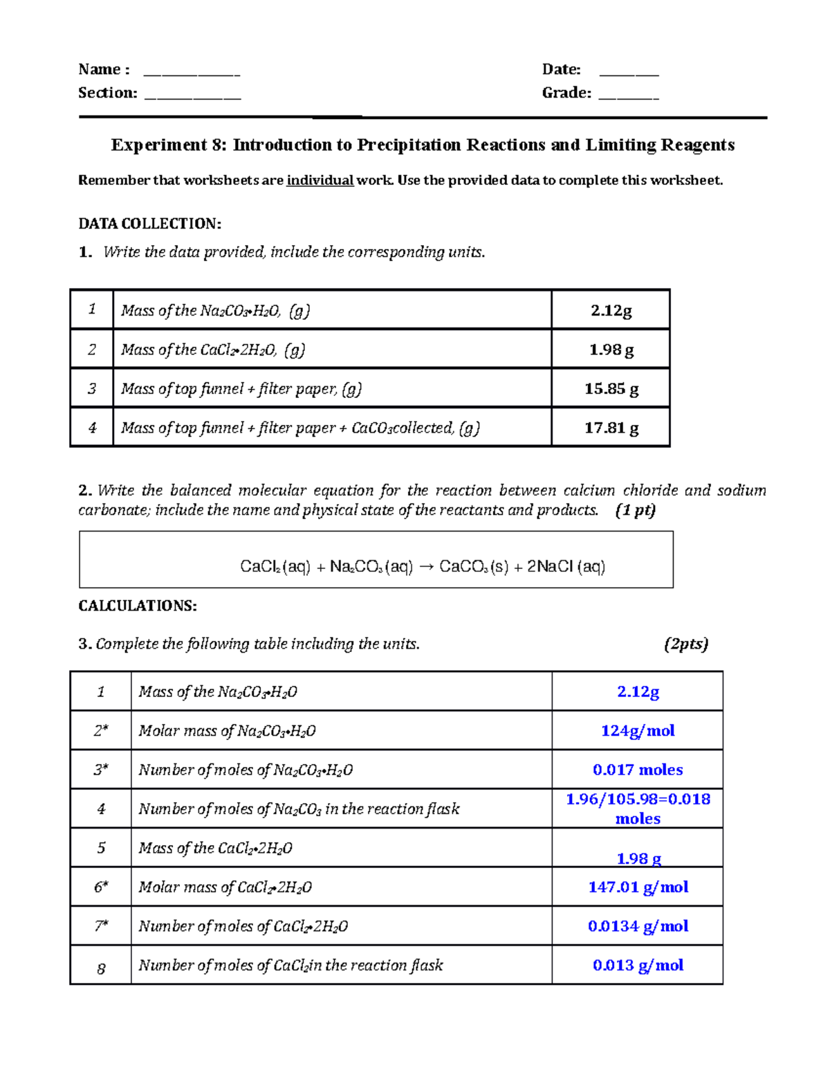 Worksheet Ex8Introduction Precipitation Reactions and LR Name ________________ Date