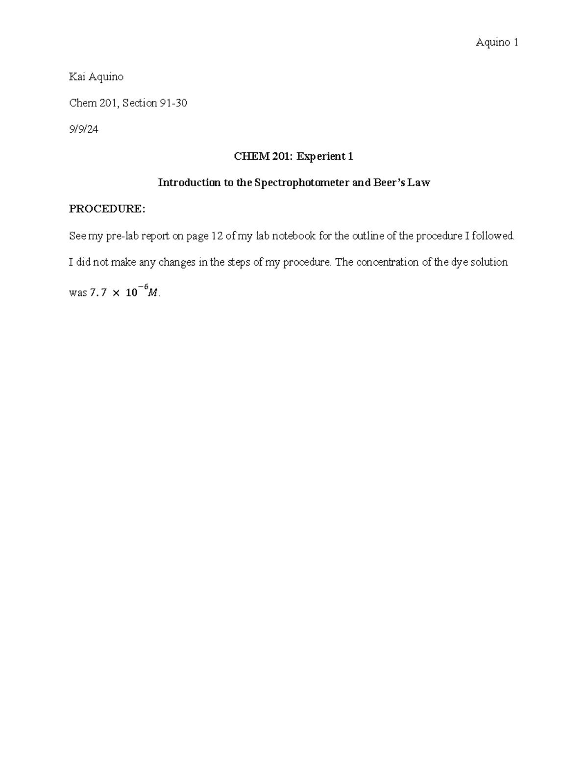 CHEM 201 Exp. 1 Lab Report Intro to the Spectrophotometer and Beer's